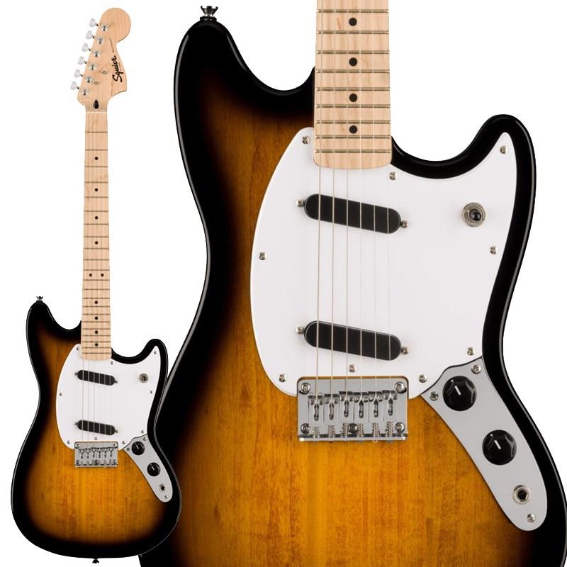 楽器種別：新品Squier by Fender/Mustang 商品一覧＞＞Squier by Fender/新品 商品一覧＞＞エレキギター【15，000円〜35，000円】 商品一覧＞＞MGタイプ/Squier by Fender 商品一覧＞＞当店のギターは、出荷前に専門スタッフが検品・調整しているので安心です！Squier by Fender Squier Sonic Mustang (2-Color Sunburst/Maple Fingerboard)商品説明Squier Sonic シリーズSquier Sonic Mustangなら、時間を飛び越えるようなスピードで、どんな音楽でもすぐにギターを始めることができます。象徴的なフェンダースタイル、そして刺激的なトーンをあらゆるプレーヤーにお届けします。この Mustangは、薄く軽量なボディに、スリムで魅力的な「C」シェイプネックが相まって、快適な演奏性をもたらします。2基の Squierシングルコイルピックアップはクリスタルのようにクリアで多彩なトーンを奏でます。その他、24 インチのショートスケール、信頼性の高いリッジ、スムーズで正確なチューニングが可能なシーイントネーションを実現する 6 サドルハードテイルブルドギアチューニングマシン、耐久性のあるクロムメッキハードウェアなど、魅力的な特徴を数多く備えています。※画像はサンプルとなります。製品の特性上、杢目・色合いは1本1本異なります。商品詳細BodyBody Material：PoplarBody Shape：MustangBody Finish：Gloss PolyurethaneNeckNeck Material：MapleNeck Finish：Satin UrethaneNeck Shape：C ShapeScale Length：25.5 (64.77 cm)Fingerboard Material：MapleNumber of Frets：22Fret Size：Narrow TallNut Material：Synthetic BoneNut Width：1.650 (42 mm)Position Inlays：Black DotTruss Rod：Single-ActionElectronicsBridge Pickup：Ceramic Single-CoilNeck Pickup：Ceramic Single-CoilControls：Master Volume， Master ToneSwitching：3-Position TogglePosition 1. Bridge PickupPosition 2. Bridge and Neck PickupsPosition 3. Neck PickupConfiguration：SSHardwareBridge：6-Saddle Top-Load Hardtail with Block SaddlesHardware Finish：ChromeTuning Machines：Die-Cast SealedPickguard：1-Ply WhiteControl Knobs：Black PlasticSwitch Tip：BlackNeck Plate：4-Bolt SquierMiscellaneousStrings：Nickel Plated Steel (.009-.042 Gauges)ソフトケース付属イケベカテゴリ_エレキギター_MGタイプ_Squier by Fender_Mustang_新品 SW_Squier by Fender_新品 JAN:0717669816018 登録日:2026/03/29 エレキギター スクワイヤー スクワイアー フェンダー ムスタング マスタング