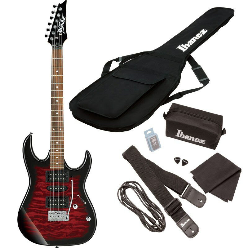 楽器種別：新品エレキギター/Ibanez 商品一覧＞＞エレキギター【15，000円〜35，000円】 商品一覧＞＞当店のギターは、出荷前に専門スタッフが検品・調整しているので安心です！Ibanez GRX70QA TRB w/7点セット商品説明GIO Ibanez series GRX70QA最初の一本を選ぶ際は、特に気をつけたい。なぜならその一本がきみのプレイヤーとしての運命を決定付けてしまうかもしれないからだ。私たちIbanezは、世界のトップ・ミュージシャンたちとの交流の中で培ってきたノウハウを基に、抜群の弾きやすさと多彩なサウンドをここに紹介するGIO Ibanezラインナップに注ぎ込んだ。ステージを目指すかどうかはきみ次第。でも、きみをステージに最速で導くのはGIO Ibanez。鮮やかなシースルーカラーに身を包んだキルトメイプル・フラビュアTOP採用のGRXモデル。サウンドの要であるピックアップには、パワフルかつクリアな音色のInfinity Rピックアップを搭載。多彩なサウンドクリエイトを可能にする5wayのピックアップセレクターと、シンプルな1ボリューム/1トーンの構成です。演奏しやすい25.5インチ・スケール&22フレット指板、握りやすいラウンド・シェイプネックを採用しており、ビギナー向けにはピッタリな1本です。※画像はサンプルの為、木目、色味は一本毎に異なります。Neck type: GRX Maple neckBody: Quilted Maple Art Grain top / Poplar bodyFretboard: Treated New Zealand Pine fretboard w/White dot inlayFret: Medium fretsBridge: FAT-6 tremolo bridgeNeck pickup: Infinity R (H) neck pickupMiddle pickup: Infinity RS (S) middle pickupBridge pickup: Infinity R (H) bridge pickupHardware color: Chrome◆COLORS：・TRB (Transparent Red Burst)初心者も安心！7点セット付き！ソフトケース、ギターチューナー、シールドコード、ピック、クロス、ストラップ、ポーチ※付属アクセサリー・キットに含まれる個別製品の仕様につきましては、予告なく画像のものから変更となる場合がございます。あらかじめご了承ください。イケベカテゴリ_ギター_エレキギター_Ibanez_新品 JAN:4515110752405 登録日:2020/09/29 エレキギター アイバニーズ イバニーズ