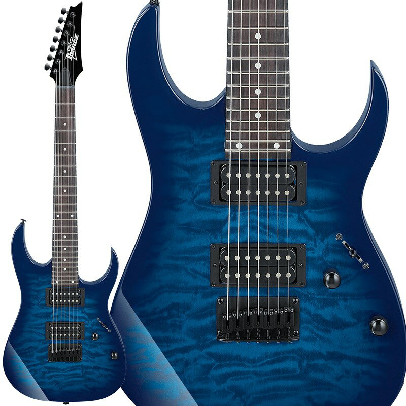 楽器種別：新品エレキギター/Ibanez 商品一覧＞＞エレキギター【25，000円〜50，000円】 商品一覧＞＞当店のギターは、出荷前に専門スタッフが検品・調整しているので安心です！Ibanez GRG7221QA TBB w/7点セット [7-strings model]商品説明グラビュア・キルテッド・メイプル・トップのGIO7弦モデルに新色追加！ステージへ最速 をコンセプトとする、楽器をこれから始めるエントリー層に向けたギター＆ベース・シリーズです。「7弦モデルでギターを始めてみたい！」、「1本は多弦ギターを持っておきたい！」、そんなニーズに応える為のGIOシリーズ7弦モデルです。チューナー、アクセサリーKIT、KIT収納ポーチ、ギター・バッグが付属します。※製品の特性上、杢目・色合いは1本1本異なります。Neck type: GRG 7 Maple neckBody: Quilted Maple Art Grain top/Poplar bodyFretboard: Treated New Zealand Pine fretboard w/White dot inlayFret: Jumbo fretsBridge: F107 bridgeNeck pickup: Infinity R (H) neck pickupBridge pickup: Infinity R (H) bridge pickupString gauge: .009/.011/.016/.024/.032/.042/.054Hardware color: BlackNeck DimensionsScale: 648mm/25.5Width at Nut: 48mmWidth at Last Fret: 68mmThickness at 1st: 20.5mmThickness at 12th: 22.5mmRadius: 400mmR初心者も安心！7点セット付き！ソフトケース、ギターチューナー、シールドコード、ピック、クロス、ストラップ、ポーチ※アクセサリーの実際のデザインは写真と異なることがございます。予めご了承ください。◆COLOR：・TBB (Transparent Blue Burst)イケベカテゴリ_ギター_エレキギター_Ibanez_新品 JAN:4549763229960 登録日:2020/09/29 エレキギター アイバニーズ イバニーズ