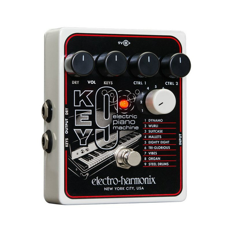 楽器種別：新品コンパクトエフェクター/Electro Harmonix 商品一覧＞＞コンパクトエフェクター【20，000円〜50，000円】 商品一覧＞＞安心してお買い物頂けるよう、コンパクトもマルチも丁寧梱包でお届けします！Electro Harmonix KEY9 [Electric Piano Machine]商品説明B9、そして C9 Organ Machine に続くパワフルな3部作の最後を飾る新商品の KEY9 ペダルは、世界中が待ち望んでいたエレクトリックピアノやその他の楽器のシミュレートサウンドを生み出します。9つのプリセットを用いて、お持ちの楽器でドアーズのRiders on the Stormのようなスタイルのクールなグルーヴを生み出したり、レイ・チャールズのWhat'd I Say!のような熱いファンクを奏でることが出来ます。マイク・マシューズは言います：「KEY9 を使いこなせば、ローズ博士になれます！」商品詳細SPEC・お持ちのギターやキーボードのサウンドを変化させるエフェクト・9つのプリセットは、クラシックなウーリッツァーやローズその他の楽器のサウンドをシミュレートするように細かく設定がされています・それぞれのプリセットは、基本となるパラメーターをコントロールすることができ、楽器によってサウンドの調整が可能・プリセットの多くはトレモロやフェイザー、コーラスのような調節可能なモジュレーションも含みます。・B9やC9と組み合わせて、独自のパワフルな鍵盤システムとして構築可能・素早くかつ完璧なトラッキング（追従性）・電源：9V DC センターマイナスアダプター　JP9.6DC-200（付属）イケベカテゴリ_エフェクター_コンパクトエフェクター_Electro Harmonix_新品 JAN:0683274011783 登録日:2022/09/03 エフェクター コンパクトエフェクター ストンプボックス エレハモ エレクトロハーモニクス エレクトロハーモニックス