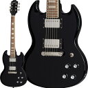 楽器種別：新品エレキギター/Epiphone 商品一覧＞＞エレキギター/Epiphone/SG 商品一覧＞＞エレキギター【20，000円〜45，000円】 商品一覧＞＞当店のギターは、出荷前に専門スタッフが検品・調整しているので安心です！Epiphone Power Players SG (Dark Matter Ebony)商品説明Power Players SG伝説的なギターSGをベースにデザインされたPower Players SGは、通常のギブソンSGよりも2インチ短い22.73インチ・スケールと7/8サイズのボディにより、いつでも自然に手にとりたくなるようなカジュアルなモデルに仕上がっています。Power Players SGは、経験豊富なプレイヤーやこれからギターを始めようと思っているビギナーのどちらにとっても、様々なシチュエーションでの最高な演奏体験を約束します。ボルトオンのマホガニー・ネックは、アッパー・フレットへの快適なアクセスのため、ネック・ヒール部分においてなだらかな傾斜が施されています。ピックアップにはセラミック・ハムバッカー Epiphone 650R/700Tの2基が搭載されており、正真正銘のリッチなSGサウンドをギタープレイヤーにもたらします。Power Players SGには、ギグバッグ、ストラップ、ピック、ギターケーブルが付属しています。※画像はサンプルです。製品の特性上、杢目、色合いは一本一本異なります。商品詳細BodyShape: SGMaterial: MahoganyBinding: Single Ply， FretboardNeckNeck: MahoganyProfile: SlimTaper DNut width: 1.614 / 41mmFingerboard: Indian LaurelScale length: 22.73 / 577.34mmNumber of frets: 22Nut: White PlasticInlay: Pearloid TrapezoidHardwareBridge: Lightning Bar Compensated Wrap AroundKnobs: Black ReflectorTuners: Die Cast with Kidney ButtonsPlating: NickelElectronicsNeck pickup: Epiphone 650R HumbuckerBridge pickup: Epiphone 700T HumbuckerControls: 2 Volume， 2 Toneギグバッグ付属イケベカテゴリ_ギター_エレキギター_Epiphone_SG_新品 JAN:4580568432513 登録日:2023/10/11 エレキギター エピフォン