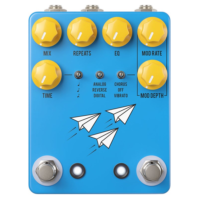 楽器種別：新品JHS Pedals/新品 商品一覧＞＞エフェクター【25，000円〜55，000円】 商品一覧＞＞ギター用エフェクター/空間系/ディレイ/JHS Pedals 商品一覧＞＞安心してお買い物頂けるよう、コンパクトもマルチも丁寧梱包でお届けします！JHS Pedals Flight Delay[BLUE]（ジェイエイチエスペダル）ディレイ商品説明JHS Pedals Flight Delayは、「ディレイに必要なものは全て搭載し、必要でないものは一切搭載しない」という1つのゴールを目指して作られました。 複雑なエフェクターが溢れる中、私たちはその対極にある、最も必要なディレイ・タイプと重要な機能を兼ね備えた、美しくシンプルなストンプボックスをお届けすることに尽力しました。 EHX Memory Man、Boss DD-5、Line 6 DL4 リバース・モード など、私のお気に入りのディレイにインスパイアされた3つのモード（アナログ、リバース、デジタル）を搭載したFlight Delayは、どんなジャンルのプレイヤーにも馴染みやすく、刺激的で、汎用性があります。 欲しいサウンドを探すためにメニューを探したり、オプション画面を延々とスクロールしたり、複雑なユーザー・インターフェースを必要とするディレイ・ペダルにうんざりしているなら、これ以上探す必要はありません！商品詳細Feature- 往年の名機にインスパイアされたANALOG、DIGITAL、REVERSEの3モードを搭載。- CHORUS/OFF/VIBRATEの切り替えが可能なモジュレーションエフェクトを搭載。- サブディビジョン(4分/8分/付点8分)の切り替えが可能なタップテンポ機能を搭載。- TAP/EXPジャックにより、タップテンポやエクスプレッション・ペダルによるディレイタイムのコントロールが可能。Specifications・入出力端子：インプット、アウトプット、TAP/EXP・コントロール：MIX、REPEAT、EQ、TONE、MOD RATE、MOD DEPTH・スイッチ：ON/OFF、TAP TEMPO、MODE、MODULATION、SUBDIVISION・電源：DC9V センターマイナスイケベカテゴリ_エフェクター_ギター用エフェクター_空間系_ディレイ_JHS Pedals_新品 SW_JHS Pedals_新品 JAN:0650415212729 登録日:2024/11/16 エフェクター コンパクトエフェクター ストンプボックス