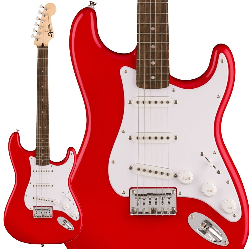 楽器種別：新品エレキギター/Squier by Fender 商品一覧＞＞エレキギター/Squier by Fender/Stratocaster 商品一覧＞＞エレキギター【15，000円〜30，000円】 商品一覧＞＞当店のギターは、出荷前に専門スタッフが検品・調整しているので安心です！Squier by Fender Squier Sonic Stratocaster HT (Torino Red/Laurel Fingerboard)商品説明Squier Sonic シリーズSquier Sonic Stratocaster HTなら、時間を飛び越えるようなスピードで、どんな音楽でもすぐにギターを始めることができます。象徴的なフェンダースタイル、そして刺激的なトーンをあらゆるプレーヤーにお届けします。このStratは、薄く軽量なボディに、スリムで魅力的な「C」シェイプネックが相まって、快適な演奏性をもたらします。3基のSquierシングルコイルピックアップはクリスタルのようにクリアで多彩なトーンを奏でます。その他、高い安定性を誇る 6 サドルハードテイルブリッジ (HT)、スムーズで正確なチューニングが可能なシールドギアチューニングマシン、耐久性のあるクロムメッキハードウェアなど、魅力的な特徴を数多く備えています。※画像はサンプルとなります。製品の特性上、杢目・色合いは1本1本異なります。商品詳細BodyBody Material：PoplarBody Shape：StratocasterBody Finish：Gloss PolyurethaneNeckNeck Material：MapleNeck Finish：Satin UrethaneNeck Shape：C ShapeScale Length：25.5 (64.77 cm)Fingerboard Material：Indian LaurelFingerboard Radius：9.5 (241 mm)Number of Frets：21Fret Size：Narrow TallNut Material：Synthetic BoneNut Width：1.650 (42 mm)Position Inlays：Pearloid DotTruss Rod：Single-ActionElectronicsBridge Pickup：Ceramic Single-CoilMiddle Pickup：Ceramic Single-CoilNeck Pickup：Ceramic Single-CoilControls：Master Volume， Tone 1. (Neck/Middle Pickups)， Tone 2. (Bridge Pickup)Switching：5-Position BladePosition 1. Bridge PickupPosition 2. Bridge and Middle PickupPosition 3. Middle PickupPosition 4. Middle and Neck PickupPosition 5. Neck PickupConfiguration：SSSHardwareBridge：6-Saddle Top-Load Hardtail with Block SaddlesHardware Finish：ChromeTuning Machines：Die-Cast SealedPickguard：1-Ply WhiteControl Knobs：White PlasticSwitch Tip：WhiteNeck Plate：4-Bolt SquierMiscellaneousStrings：Nickel Plated Steel (.009-.042 Gauges)ソフトケース付属イケベカテゴリ_ギター_エレキギター_Squier by Fender_Stratocaster_新品 JAN:0717669815851 登録日:2023/06/22 エレキギター スクワイヤー スクワイアー フェンダー ストラト ストラトキャスター