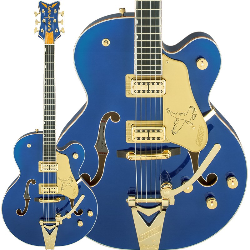 楽器種別：新品エレキギター/GRETSCH 商品一覧＞＞エレキギター/GRETSCH/Falcon 商品一覧＞＞エレキギター【335，000円〜625，000円】 商品一覧＞＞当店のギターは、出荷前に専門スタッフが検品・調整しているので安心です！GRETSCH G6136TG Limited Edition Falcon with String-Thru Bigsby (Azure Metallic/Ebony)商品説明G6136TG Limited Edition Falcon with String-Thru Bigsbyは、クラシックなFalconの仕様をすべて受け継ぎながら、目を引くAzure Metallicフィニッシュで仕上げています。アイコニックなスタイルと豊かで力強いGretschトーンは、バンドサウンドに埋もれないサウンドを提供し、視覚的にも目立つこと請け合いです。ラミネートメイプルボディに搭載されたTV Jones Classicハムバッカーは、低〜高域にわたりバランスの取れたハーモニクスを提供し、他の楽器と調和しながらも、独自のサウンドを奏でます。また、ブリッジとネックのボリュームコントロール、3ウェイピックアップスイッチング、No-Loadマスタートーン、マスターボリュームなどのコントロールが、無限のトーンバリエーションを可能にします。Squeezeboxペーパーインオイル・キャパシターが滑らかなヴィンテージトーンを実現し、ボリュームコントロールを下げても高音域の透明感を保つトレブルブリード回路を備えています。12インチラジアスのエボニー指板には22本のミディアムジャンボフレットとパーロイドNeo-Classicサムネイルインレイを採用。メイプルネックは心地よく手に馴染むスタンダードなUシェイプで優れた演奏性を提供します。Gretschの革新的なMLブレイシングは2.25インチの薄いボディから、より大きな音量と空気感を実現します。表情豊かなBigsby B6GPヴィブラートテイルピースとピン止めロッキングバーブリッジは、ボーンナットとの組み合わせでチューニングを安定させます。またGretschならではの特徴として、Bigsbyテイルピースはストリングスルー仕様となり、弦交換を素早く簡単に行うことができ、振動の伝達を高めてサスティンを向上させます。ゴールドハードウェア、Grover Imperialダイキャストチューニングマシン、ジュエル入りGアローコントロールノブ、ホワイトネックバインディング、Fホール、厚手のゴールドGretschロゴ入り・ヴィンテージプレキシピックガードが特徴的な本モデルは、Gretschのスタイリングを体現しています。G6136TG Limited Edition Falcon with String-Thru Bigsbyは、信頼できる実戦的なギターをお求めのプレイヤーにとっても、クラシックで美しいギターをお求めのコレクターにとっても、Falconギターを有名にした輝きとサウンド、スタイリングを余すところなく感じることが出来ます。※画像はサンプルです。商品の特性上、木目や色合いは一本一本異なります。商品詳細■SPECBody Material：Laminated MapleBody Finish：GlossNeck：Maple， Standard UNeck Finish：Gloss UrethaneScale Length：25.5inch (647.7 mm)Fingerboard:Ebony， 12inch (305 mm)Frets：22， Medium JumboNut (Material/Width)：Bone， 1 11/16inch (43 mm)Position Inlays：Pearloid Neo-Classic Thumbnail (Ebony)Bridge Pickup：TV Jones Filter’Tron ClassicNeck Pickup：TV Jones Filter’Tron ClassicControls：Volume 1. (Neck Pickup)， Volume 2. (Bridge Pickup)， ToneSwitching：3-Position Toggle: Position 1. Bridge Pickup， Position 2. Bridge And Neck Pickups， Position 3. Neck PickupBridge：Rocking BarHardware Finish：GoldTuning Machines：Grover Imperial Die-CastPickguard：Gold Plexi with Gold Gretsch Logo and Falcon GraphicControl Knobs：Jeweled G-ArrowStrings：Nickel Plated Steel (.011-.049 Gauges)ハードケース付属イケベカテゴリ_ギター_エレキギター_GRETSCH_Falcon_新品 JAN:0885978780099 登録日:2023/12/09 エレキギター グレッチ ファルコン