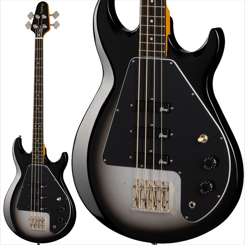 楽器種別：新品Epiphone/新品 商品一覧＞＞ベース【105，000円〜205，000円】 商品一覧＞＞エレキベース/変形ベース/Epiphone 商品一覧＞＞当店のベースは、出荷前に専門スタッフが検品・調整しているので安心です！Epiphone Mike Dirnt Grabber G-3 Bass (Silverburst)商品説明マイク・ダーントは、伝説的なパンクロックバンドGreen Dayのベーシストです。ロックの殿堂入りを果たした彼の特徴的なベースライン、エネルギッシュなステージパフォーマンスは、Green Dayの成功に欠かせない要素となっています。この度、マイク・ダーントはEpiphoneとコラボレーションし、数多くのツアーやアルバムでマイクが使用してきたGibson Grabber G-3ベースを再現しました。「Dookie」（1994年発表）発売30周年記念としても注目のモデルです。Epiphone Mike Dirnt Grabber G-3ベースは、ダブルカッタウェイのメイプル製Grabberボディを採用しています。34インチスケールの3ピースメイプルネックにはエボニー指板を装備し、20フレットのミディアムジャンボフレット、黒アバロンのドットポジションマーカーが指板を飾ります。クラシックなGrabber Vヘッドストックにはオープンギアのベースチューナーとボーンナットを搭載。弦はLeo Quan Badass IIブリッジを通り、ボディ内部を通して裏側のストリングフェルールで固定されます。これにより、アタックとサステインが向上し、完全なイントネーションとアクション調整が可能です。3つのGibson G-3ピックアップはアメリカ・テネシー州ナッシュビルのGibson Pickup Shop製で、「バック・アンド・ハーフ」配線でセットされています。・ トップポジション：ネックとミドルピックアップが同時に作動し、ハムバッカー効果を生成。・ ミドルポジション：3つすべてのピックアップが作動。・ ボトムポジション：ミドルとブリッジピックアップが作動し、ハムバッキング効果を発揮。この多彩なピックアップ構成とマスターボリュームおよびトーンコントロールにより、ノイズのない幅広い音色を実現します。また、ワールドツアーでも安全に持ち運べるハードシェルケースが付属します。※画像はサンプルです。製品の特性上、木目や色合いは1本ごとに異なります。商品詳細Body Shape:GrabberMaterial:MapleNeckNeck:3-piece MapleProfile:CNut width:41mmFingerboard:EbonyScale lengt:863.6mm / 34inchNumber of frets:20Nut:BoneInlay:Black Abalone DotHardwareBridge:Leo Quan Badass IIControl Knobs:Black SpeedPickguard:4-ply BlackTuners:Open-Gear Bass With Historic Clover ButtonPlating:NickelElectronicsNeck pickup:Gibson USA G-3Middle pickup:Gibson USA G-3Bridge pickup:Gibson USA G-3Controls:Master Volume， Master Toneハードケース付属イケベカテゴリ_ベース_エレキベース_変形ベース_Epiphone_新品 SW_Epiphone_新品 JAN:4570156013408 登録日:2025/11/17 エレキベース エピフォン