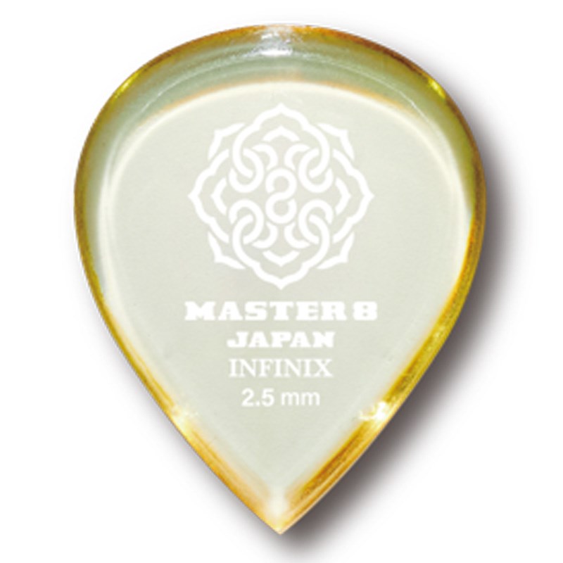 楽器種別：新品MASTER8 JAPAN/新品 商品一覧＞＞楽器アクセサリ【〜5，000円】 商品一覧＞＞ピック/MASTER8 JAPAN 商品一覧＞＞品揃え豊富な当店なら弦、パーツ、ケーブルなどのアクセサリーがまとめて揃います！MASTER8 JAPAN INFINIX MEGA SLICE TEARDROP 2.5 [IFM-TD250]商品説明滑らかなピッキングのために考え抜かれた「2.5mm」特殊形状・極厚ピック。音楽専門出版社リットーミュージックとのコラボレーションで極厚特殊形状を開発。数多くのサンプルピックでテストを行い、2.5mmというベストな厚みを採用。外周部分にテーパーをかけ、先端を尖らせることで弦との摩擦抵抗を抑え滑らかなピッキングが実現。先端に向かい傾斜の幅も2.5mmと拘った仕様に。素材のINFINIXは形状記憶力・耐摩耗性の高さが特徴となっており、極厚形状の印象を覆す滑らかさ＆ロングライフを実現しました。■厚さ：2.5mm■形状：ティアドロップイケベカテゴリ_楽器アクセサリ_ピック_MASTER8 JAPAN_新品 SW_MASTER8 JAPAN_新品 JAN:4582490224082 登録日:2023/11/23 ピック ギターピック マスター8