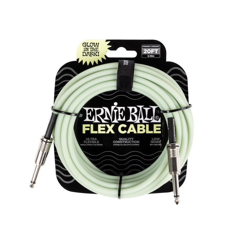 楽器種別：新品ERNIE BALL/新品 商品一覧＞＞楽器アクセサリ【〜5，000円】 商品一覧＞＞シールドコード/シールドコード/ERNIE BALL 商品一覧＞＞品揃え豊富な当店なら弦、パーツ、ケーブルなどのアクセサリーがまとめて揃います！ERNIE BALL Flex Cable 20ft S/S (Glow In Dark) [#6437]商品説明Flex Cableに新色が登場！Glow In Darkは蓄光タイプとなっており視認性も抜群！！Ernie Ball Flex cableは、耐久性に優れた信頼性の高い部品で作られた、高品質の設計が特徴です。この単一導体設計は、透き通るようにクリアなトーンと、簡単にケーブルを巻き取るための特別な柔軟性を生みます。Flex cableは 95%シールディングによって不要なノイズを遮断することで信号を保護し、耐久性のあるPVCジャケットの外装により、永続的なパフォーマンスを保証します。※グローの結果は異なる場合があります・長さ：20ft（約6m）・カラー：Glow In Darkイケベカテゴリ_楽器アクセサリ_シールドコード_シールドコード_ERNIE BALL_新品 SW_ERNIE BALL_新品 JAN:0749699121909 登録日:2024/06/14 シールドコード ギターシールド シールド シールドケーブル ギターケーブル アーニーボール アニーボール