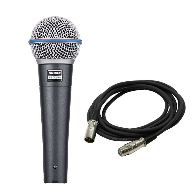 楽器種別：新品ダイナミックマイク/SHURE 商品一覧＞＞ダイナミックマイク【15，000円〜35，000円】 商品一覧＞＞レコーディング機器買うなら、当店で！専門スタッフが迅速丁寧に対応します！SHURE BETA 58A-J+ マイクケーブル（XLRメス-XLRオス / 5.0m）セット商品説明■BETA 58A-J　マイクケーブルセット※マイクケーブルは在庫状況により同等品に代えさせて頂く場合がございます。■BETA 58A-J★定番のSM58に比べ、伸びのある洗練された高域が特徴的のダイナミック・マイクロホンアタックのレスポンスも心地よく、アップテンポの曲にも相性抜群です！また、均一なスーパーカーディオイド特性により、他の音源に対する高いセパレーションを確保。大音量のステージでもハウリングのもととなる他音源のかぶりを極小に抑えます！さらにカートリッジには、大出力と優れたSN比を実現する、ネオジムマグネットを採用。ヒスノイズに頭を悩ませることもありません！ステージでもスタジオでも、BETA 58Aは洗練されたボーカルを実現。中音域の豊かな伸びと、低音域のロールオフで、リードボーカルやバックグラウンドボーカルに迫力の存在感を与えます。また、雑音を効果的に抑え、ボーカルを際立たせるスーパーカーディオイド・パターンを採用。まさに歌手の「親友」とも言えるマイクです。■選ばれる理由◎優れた耐久性硬化スチール製メッシュグリルが、汗や落下、移動の衝撃からマイクロホンをしっかりガード。ちょっとやそっとでは凹みません。◎ノイズを凌ぐ迫力ネオジムマグネットによるパワフルな出力で雑音やノイズを抑え、求めるサウンドを際立たせます。◎世界的スターBETA 58Aは、トップセラーのシングル・エレメント・ダイナミック・マイクロホン。常に世界のどこかのステージで使われています。■仕様◎形式：ダイナミック型◎周波数特性：50Hz〜16，000Hz◎指向特性：スーパーカーディオイド◎出力インピーダンス：定格150Ω(実効値290Ω)◎開回路感度：-51.5dBV/Pa (2.6mV)、at 1kHz 1Pa=94 dB SPL◎寸法：Φ53×160mm◎質量：278g◎付属品：マイクホルダー (A25D)、3/8インチ-5/8インチ変換ねじ、マイクポーチ■ケーブル仕様一般的なマイクで使用される三点接続のオスメス端子ケーブルです。・5m XLRオス-XLRメス■カラー・ブラックイケベカテゴリ_レコーディング＆PA機器_ダイナミックマイク_SHURE_新品 登録日:2023/09/30 マイク ダイナミックマイク シュア シュアー