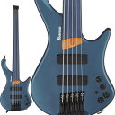 楽器種別：新品エレキベース/Ibanez 商品一覧＞＞エレキベース/Ibanez/EHB (Ergonomic Headless Bass) 商品一覧＞＞エレキベース【90，000円〜175，000円】 商品一覧＞＞当店のベースは、出荷前に専門スタッフが検品・調整しているので安心です！Ibanez Bass Workshop EHB1005F-AOM [SPOT MODEL]商品説明究極のエルゴノミック・ヘッドレス・ベースとして2020年に生み出したEHBシリーズはそもそも、求めるサウンドや演奏ジャンル、シーンそのものが多様化する現代のベーシストに向けて発表したモダン・ベース・シリーズです。このEHB1005Fは、環境配慮型材料であり、楽器部材としての音響特性を備え、かつ優れたデザイン性までをも持ち合わせるリッチライト材を指板に採用したフレットレス・モデル。EHBシリーズ発表以来ベーシストからの要望がもっとも多かったフレットレスを、青い指板というこれまでに無かったアプローチで提案します。・ Blue CanyonカラーのRichlite指板（フレットレス）w/蓄光サイド・ポジション・インレイ確かな耐湿性と強度を備え材質のバラツキが無いRichlite（リッチライト）材は指板材に適しています。また他の硬質な指板用木材と比較するとやや平易な反応性とマイルドな音色感はフレットレス・ベースに求められるトーンのイメージと親和性が高く、加えてサスティナブル素材であること、更にデザイン性が高い着色された（＝青い）材料であることも、EHB1005Fがウルトラ・モダン・フレットレスを標榜するのに不可欠な要素となっています。・ 人間工学に基づいて設計したEHBボディ・デザインホーンは立奏時にボディとネックとのバランスを取るとともに持ちやすい形状に、高音弦側のボディ・カーブは特に座奏時のフィット感とバランスを重視して設計しました。ボディ表面の肘が当たる部分には傾斜をつけるコンター加工を入れています。また、体に触れる部分のボディ・エッジにはすべて滑らかなRをつけて処理しています。ボディ裏面は低音弦に向かって薄くなるよう大胆にカットを施しています。これは座奏時にフィット感を高めるとともに、指板インレイを見る目線の角度を考慮して設計しています。併せてハイ・フレット域へのアクセスを容易にするため、高音弦側のホーン裏はスクープするようにカット加工しています。・ ボディの鳴りをより感覚的に感じられるチェンバー加工ホロウ・ボディのようにボディ内の振動をそのまま体感することで、奏者は自身の鳴らしている音をより認識できるでしょう。また、僅かながら軽量化にもつながっています。・ Bartolini(R) BH2 ピックアップタイトなボトム・エンドと豊かなミッドレンジとともに、バランスの良いウォームなレスポンスが特徴のサウンド・キャラクターです。・ Vari-Mid 3-Band EQ w/EQ bypass switchVariable frequency control for Mid EQ の略称が示す通り、Midのコントロールに融通を利かたEQです（006P電池駆動）。通常、3バンドEQと言えば、HIGH/MID/LOWのように帯域を3つに分割して開発者が任意に指定した周波数域のフォーカスに合わせ、ブーストあるいはカットのコントロールをするものですが、このVari-Midではユーザーが任意にMidのフォーカスを合わせられるのです。Midピークは100Hz付近〜6000Hz付近の可変幅、それぞれ約15dBのブースト・カット幅があります。例えば、ほぼベースの音域に当た100HzにMidを合わせ、そこをブーストすることで、低音への不足感を補うことが出来ます。※画像はサンプルです。製品の特性上、杢目・色合いは1本1本異なります。【※ご注意】付属フィンガー・ランプの裏面にはあらかじめ両面テープが貼り付けられており、両面テープによってボディに接着する仕様となっています。接着したフィンガー・ランプを取り外す際、ボディ表面の塗装を傷めることがあります。十分にご注意ください。フィンガー・ランプの接着及び取り外しは、お客様の責任において行ってください。商品詳細[Spec]Neck type : EHB5 5pc Roasted Maple/Walnut neck w/Graphite reinforcement rodsBody : American Basswood bodyFretboard : Richlite fretboard w/Luminescent side dot inlayFret : FretlessBridge : MR5HS bridge (18mm string spacing)Neck pickup : Bartolini(R) BH2 neck pickupBridge pickup : Bartolini(R) BH2 bridge pickupEqualizer : Vari-mid 3-band EQ w/EQ bypass switch (passive tone control on treble pot)Machine Head : Ibanez custom headpiecesHardware color : BlackString gauge : .045/.065/.085/.105/.130 (D'Addario(R) EXL165 + .130)[Neck Dimensions]Scale : 864mmWidth at Nut : 45mmWidth at Last Fret : 74mmThickness at 1st : 19.5mmThickness at 12th : 21.5mmRadius : 500mmR※ソフトケース付属イケベカテゴリ_ベース_エレキベース_Ibanez_EHB (Ergonomic Headless Bass)_新品 JAN:4549763336101 登録日:2023/05/14 エレキベース アイバニーズ イバニーズ