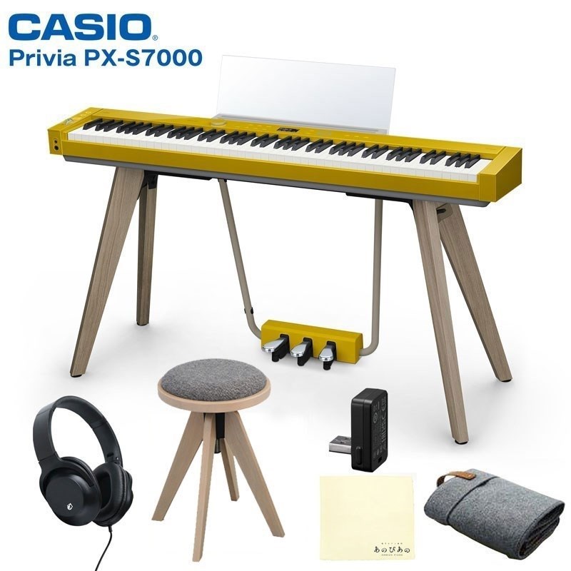 楽器種別：新品CASIO/新品 商品一覧＞＞電子ピアノ・その他鍵盤楽器【205，000円〜385，000円】 商品一覧＞＞電子ピアノ/据え置きタイプ/CASIO 商品一覧＞＞鍵盤楽器買うなら、当店で！専門スタッフが迅速丁寧に対応します！CASIO Privia PX-S7000HM ハーモニアスマスタード 純正スツール(高低自在)セット (プリヴィア)【セルフ組立・玄関先お渡し】(特典：練習用ヘッドホン＆お手入れクロス付き！)(※配送事項要ご確認)商品説明----------------------------------------------------------------※ご注意：こちらの商品ページは宅配便(佐川急便)による発送・玄関先お渡し、セルフ組立専用の商品ページです。配送設置をご希望の方は【配送設置専用ページ】からご注文をお願い致します。-----☆当店限定・特典付き！・あのぴあのオリジナルクロス(カラーはお選びいただけません)・練習用ヘッドホン-----★老舗インテリアメーカー「関家具」のブランド「CRASH GATE」コラボ純正スツール+Privia PX-S7000セット！■セット内容・Privia PX-S7000HM ハーモニアスマスタード・CC-7LT CRASH GATE コラボモデルスツール・高低自在イス-----ピアノがある生活の当たり前をくつがえす、数々の技術とこだわりの結晶がPrivia PX-S7000です。スタンド・ペダル一体型というピアノとしての様式美に、360°どこから見ても美しく魅せる全周デザイン、革新的な音響技術、グランドピアノのような本格的な鍵盤タッチを融合させました。上質と自由を兼ね備えたPX-S7000は、あなたの求める新しいライフスタイルと調和します。■主な特徴・360°どこから見ても美しい視界を遮らない、スタンド・ペダル一体型・どんなインテリアにも自然と調和するハーモニアスマスタード、ブラック、ホワイトのカラーバリエーション・それぞれ独立して駆動される4つのフルレンジスピーカー、それを支える木材と樹脂のハイブリッド筐体により実現した新音響技術「スペイシャルサウンドシステム」・設置場所に対応した音響設定を楽しめる「ピアノポジション機能」（Standard，Wall，Center，Tableの4種類から設定可能）・グランドピアノならではの響きを追求した「マルチ・ディメンショナル・モーフィングAiR音源」・多彩な音色の中には、世界的な名曲で使用されているアコースティックピアノやエレクトリックピアノなどの音色を表現したものも多数内蔵・さらに進化した鍵盤機構とデジタル制御技術の融合により、表現力豊かな演奏性を実現した「スマートハイブリッドハンマーアクション鍵盤」・グランドピアノのペダルを追求し、本格的な踏み心地と高い演奏性を実現したペダル・MIC IN 端子（標準フォンジャック（TSフォン））、マイク音量つまみも搭載。マイクエフェクト機能を活用し、歌声にエフェクトをかけながら弾き語りも行える・付属「ワイヤレスMIDI & AUDIOアダプター（WU-BT10）」を使用して、スマートデバイスで再生したBluetoothRオーディオをこだわりの音響システムで聴くことが可能・再生中には本体天面パネルのLEDが曲の雰囲気に合わせて点灯しイルミネーション演出・カシオ電子楽器専用アプリ「CASIO MUSIC SPACE」を使用することで、音楽の楽しみ方が、もっと広がり、もっと快適に■仕様・寸法幅1，340×奥行242×高さ102mm（本体のみ）　幅1，340×奥行449×高さ741mm （付属スタンド使用時）・質量14.8kg（本体のみ、電池含まず） 28.1kg（付属スタンド/3本ペダルユニット使用時、譜面立て/電池含まず)・付属品ピアノスタンド、3本ペダルユニット、ワイヤレスMIDI & AUDIOアダプター（WU-BT10）、ACアダプター（AD-E24250LW)、譜面立て、ピアノカバーイケベカテゴリ_電子ピアノ・その他鍵盤楽器_電子ピアノ_据え置きタイプ_CASIO_新品 SW_CASIO_新品 JAN:4971850362708 登録日:2023/05/01 電子ピアノ デジタルピアノ ピアノ カシオ