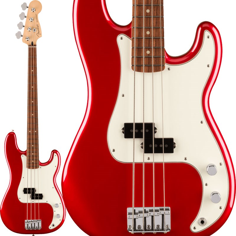 楽器種別：新品エレキベース/Fender MEX 商品一覧＞＞エレキベース/Fender MEX/Player 商品一覧＞＞エレキベース【65，000円〜125，000円】 商品一覧＞＞当店のベースは、出荷前に専門スタッフが検品・調整しているので安心です！Fender MEX Player Precision Bass (Candy Apple Red/Pau Ferro)商品説明Fender Player Seriesに新たなカラーのモデルが登場！クラシックベースの代表格と言えるフェンダーエレクトリックベース。Player Precision Bass は、重々しく唸るサウンドと正真正銘のフェンダースタイルを受け継いでいます。スムーズな弾き心地、スポットライトに映えるスタイル、雷鳴の轟のようなサウンドを持つこのベースは、スタジオでも、ステージでも場所を選ばず活躍し、あなたの創造的なヴィジョンを世界へと広めるパートナーとなるでしょう。伝統を重んじながら革新的なスピリットを維持するPlayerシリーズに搭載されたスプリットコイルのPrecision Bassミドルピックアップは、現代人の耳に合わせて音量をアップ。ファットでパンチの効いた伝説的なフェンダーベースのトーンを実現しています。ピックアップを通じたパワフルなサウンドを調整するマスターボリュームとトーンコントロールは手に近い位置に配置され、サウンド作りを容易にしています。モダンCシェイプのメイプルネックには、20本のミディアムジャンボフレットを打ち込んだ9.5インチラジアスのフィンガーボードが組み合わされ、さまざまなプレイスタイルに対応します。さらに、4サドルのブリッジは正確なイントネーションを実現し、プレイスタイルやテイストに合わせて簡単に調整できるようデザインされています。また、3層ピックガード、シンセティックボーンナット、ヴィンテージスタイルのディスクストリングツリー、オープンギアのチューニングマシン、Fの刻印が入った4ボルトのネックプレートが、本物のフェンダーを象徴しています。正真正銘のフェンダーサウンド、スタイル、フィーリングを実現するモダンなクラシック・モデルのPlayer Precision Bassは、本物の低音を生み出すベースです。※画像はサンプルです。製品の特性上、木目や色合いは1本ごとに異なります。商品詳細Series: PlayerBody:AlderBody Finish:Gloss PolyesterBody Shape:Precision BassNeck Material:MapleNeck Finish:Satin Urethane Finish on Back， Gloss Urethane Finish on FrontNeck Shape:Modern CScale Length:34 (864 mm)Fingerboard:Maple or Pau FerroFingerboard Radius:9.5 (241 mm)Nut Width:1.625 (41.3 mm)Middle Pickup:Player Series Alnico 5 Split Single-Coil Precision BassControls:Master Volume， Master ToneHardware Finish:Nickel/Chromeソフトケース付属イケベカテゴリ_ベース_エレキベース_Fender MEX_Player_新品 JAN:0717669604899 登録日:2023/05/26 エレキベース フェンダー ふぇんだー フェンダーメキシコ フェンダーMEX