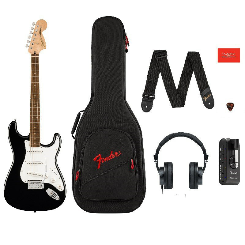 楽器種別：新品Squier by Fender/Stratocaster 商品一覧＞＞Squier by Fender/新品 商品一覧＞＞エレキギター【35，000円〜75，000円】 商品一覧＞＞STタイプ/Squier by Fender 商品一覧＞＞当店のギターは、出荷前に専門スタッフが検品・調整しているので安心です！Squier by Fender Affinity Series Stratocaster Mustang Micro Pack商品説明ワンパッケージで本格的な演奏体験をスタートできる厳選されたアクセサリーのバンドルパッケージの登場です。本パッケージには、Fender Mustang Microヘッドフォンアンプ、Squier Affinity Series Stratocaster、PreSonus HD9ヘッドフォンが同梱されています。Squier Affinity Series Stratocasterは、Fenderブランドへの窓口となるモデルで、ギターヒーローを夢見るプレイヤーにフェンダーの伝説的なデザインと本質的なトーンをお手頃な価格で提供します。このモデルは、スリムな軽量ボディ、レトロなブロックインレイを施した快適なCシェイプネック、スムーズで正確なチューニングを可能にするヴィンテージスタイルオープンギアチューニングマシンなど、プレイヤーフレンドリーな仕様を採用しています。SquierシングルコイルStratピックアップを3基搭載し、ジャンルを超えた多彩なサウンドバリエーションがお楽しみいただけます。Mustang Microは、世界で最も人気のあるデジタルアンプ、Mustangシリーズの幅広いトーンとエフェクトを搭載した超小型パーソナルギターヘッドホンアンプです。Mustang Microを直接ギターに接続し、お気に入りの有線ヘッドフォンを接続すれば、最適なアンプとエフェクトサウンドが得られます。Bluetoothストリーミング機能により、Mustang Microはお気に入りの楽曲とワイヤレスでジャムるのに最適で、USB-C接続はMacやPCに直接レコーディングするためのオーディオインターフェースとしても機能します。プロクオリティのPreSonus HD9スタジオヘッドホンは密閉式のヘッドホンで、快適性、耐久性、優れた音質を提供し、Mustang Microとの利用に最適です。その他、パッド入りデラックスギグバッグ、ストラップ、ピック、自分のペースでギターをオンラインで学習できるFender Playの3ヶ月無料トライアルも付属しています。・Squier Affinity Series Stratocaster・Mustang Micro ヘッドフォンアンプ・PreSonus HD9 professional ヘッドフォン・ギグバッグ、ストラップ、ピック・3ヶ月間のFender Play（英語のみのサービス）サブスクリプション※画像はサンプルになります。製品の特性上、杢目・色合いは1本1本異なります。個体差によりスカンク・ストライプが無い場合もございます。商品詳細BodyBody PoplarBody Shape：StratocasterBody Finish：Gloss PolyurethaneNeckNeck Material：MapleNeck Finish：Satin Urethane with Gloss Urethane Headstock FaceNeck Shape：C ShapeScale Length：25.5 (648 mm)Fingerboard Material：Indian LaurelFingerboard Radius：9.5 (241 mm)Number of Frets：21Fret Size：Medium JumboNut Material：Synthetic BoneNut Width：1.650 (42 mm)Position Inlays：Pearloid DotTruss Rod：Head AdjustElectronicsBridge Pickup：Ceramic Single-CoilMiddle Pickup：Ceramic Single-CoilNeck Pickup：Ceramic Single-CoilControls：Master Volume， Tone 1. (Neck/Middle Pickups)， Tone 2. (Bridge Pickup) Switching：5-Position Blade: Position 1. Bridge Pickup， Position 2. Bridge and Middle Pickup， Position 3. Middle Pickup， Position 4. Middle and Neck Pickup， Position 5. Neck PickupConfiguration：SSSHardwareBridge：2-Point Synchronized Tremolo with Block Saddles Hardware Finish：ChromeTuning Machines：Sealed Die-Cast with Split ShaftsPickguard：3-Ply BlackControl Knobs：White Plastic MiscellaneousStrings：Nickel Plated Steel (.009-.042 Gauges)イケベカテゴリ_エレキギター_STタイプ_Squier by Fender_Stratocaster_新品 SW_Squier by Fender_新品 JAN:0717669525767 登録日:2024/09/26 エレキギター スクワイヤー スクワイアー フェンダー ストラト ストラトキャスター