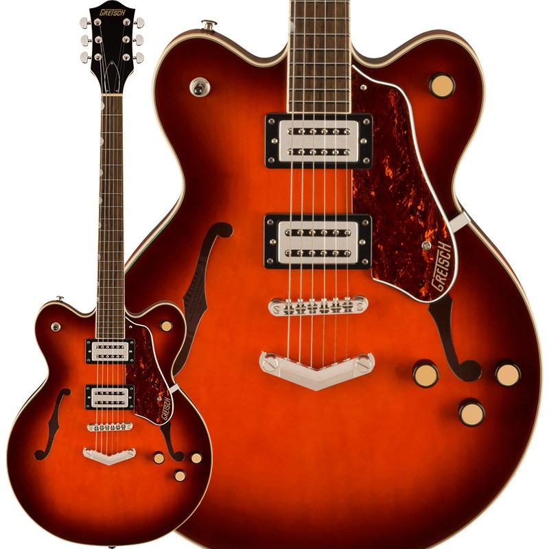 楽器種別：新品エレキギター/GRETSCH 商品一覧＞＞エレキギター/GRETSCH/Streamliner 商品一覧＞＞エレキギター【55，000円〜110，000円】 商品一覧＞＞当店のギターは、出荷前に専門スタッフが検品・調整しているので安心です！GRETSCH G2622 Streamliner Center Block Double-Cut with V-Stoptail Broad’Tron BT-3S Pickups (Fireburst/Laurel)商品説明リフレッシュされたStreamliner Collectionは、Gretschギターの輝かしい過去の要素を再訪し、エキサイティングな新機能と組み合わせることで、優れたパフォーマンス、サウンド、スタイルを驚くべき価値で提供します。G2622 Streamliner Center Block Double-Cut with V-Stoptailは、パワフルなサウンドとGretschならではのスタイリングをよりコンパクトなサイズに収め、現代に甦らせました。G2622は、グレッチに期待されるすべての要素を保ちつつ、楽器にワンランク上のパフォーマンス、スタイル、そしてより大きな音量感を求めるギタリストのために設計されています。・新開発のBroad'Tron BT-3Sハムバッカーを搭載・ダブルカッタウェイの16インチアーチドメイプルボディ、チャンバードセンターブロックを採用・Soft Cシェイプのナトーネック・12インチラジアスローレル指板、パーロイドNeo Classicサムネイルインレイ、22本のミディアムジャンボフレットを採用・ボーンナット・マスターボリューム、マスタートーン、各ピックアップのボリュームコントロールにより、柔軟なトーン設計が可能・マスターボリュームにPush/Pullコイルスプリット機能を内蔵・ラジオコントロールノブ・アンカー付きAdjusto-Maticブリッジ・Gretsch V-Stopテイルピース・3-plyべっ甲柄ピックガード・ニッケルハードウェア※画像はサンプルの為、木目、色味は一本毎に異なります。商品詳細NeckFingerboard Material：LaurelFingerboard Radius：12 (305 mm)Neck Construction：Set-NeckNeck Finish：GlossNeck Material：NatoNumber of Frets：22Nut Material：BoneNut Width：1.6875 (42.86 mm)Position Inlays：Pearloid Neo-Classic ThumbnailBodyBody Finish：GlossBody Material：Arched Laminated MapleBody Shape：Center BlockHardwareBridge：Adjusto-MaticControl Knobs：Gretsch Radio KnobHardware Finish：NickelPickup Covers：NickelStrap Buttons：Standard Strap ButtonStrings：Nickel Plated Steel (.010-.046 Gauges)Switch Tip：BlackTuning Machines：Die-Cast SealedElectronicsBridge Pickup：Broad'Tron BT-3SControls：Volume 1. (Neck Pickup)， Volume 2. (Bridge Pickup)， Master Tone， Master Volume with Push/Pull for Coil SplitNeck Pickup：Broad'Tron BT-3SPickup Switching：3-Position Toggle: Position 1. Bridge Pickup， Position 2. Bridge And Neck Pickups， Position 3. Neck Pickupギグケース付きイケベカテゴリ_ギター_エレキギター_GRETSCH_Streamliner_新品 JAN:0717669924300 登録日:2023/08/13 エレキギター グレッチ ストリームライナー