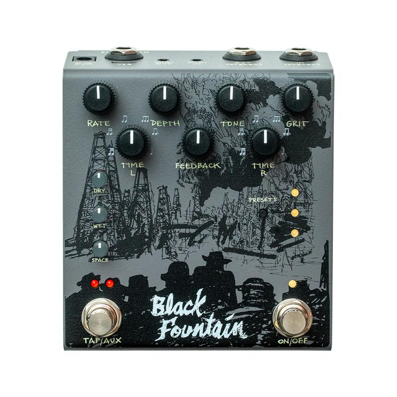 楽器種別：新品OLD BLOOD NOISE ENDEAVORS/新品 商品一覧＞＞エフェクター【35，000円〜70，000円】 商品一覧＞＞ギター用エフェクター/空間系/ディレイ/OLD BLOOD NOISE ENDEAVORS 商品一覧＞＞安心してお買い物頂けるよう、コンパクトもマルチも丁寧梱包でお届けします！OLD BLOOD NOISE ENDEAVORS Black Fountain Stereo (Slate) (OBNE)商品説明※こちらは【Slate】カラーの商品ページです唯一無二なオイル缶ディレイのトーン金属製の缶にオイルを満たし、電気を流してオイルの揺れを波形の揺らぎとして記録する。「オイル缶ディレイ」はテープエコーが生まれるずっと前の、最初期のディレイユニットとして知られています。Black Fountain Stereoは今では忘れ去られたその唯一無二のトーンからインスパイアされた、ユニークなディレイペダル。くぐもっていて、歪んでいて、荒くて、どこか心地よい。貴方にはきっとこれが必要だった。今の瞬間まで、貴方はそれに気づいていなかったのです。そのリピートは現代では考えられないほど薄暗く、滲み、淀み、不安定に揺れている。センチメンタルな反復作用、風景を描くようにフィードバックを展開させるようなプレイには、手放せない相棒となるはず。揺蕩うような粘り気のあるモジュレーションに虜になってしまわないよう、防水スーツの着用が推奨されます。＜大幅なトーンキャラクターの拡張＞Old Blood Noise Endeavorsの処女作でもあるBlack Fountainは、時代を経る毎にアップデートされてきました。そして最新バージョンのStereoでは、ついにかつて無い領域へ到達。オイル缶ディレイの再現が初めての製品だなんて、いかにOBNEがヘンテコなメーカーなのかよくわかるでしょう？目玉はディレイタイム設定の拡張。2段階のタイムを設定可能で、モノラル時はマルチタップ（並列または直列）、ステレオ時はL/Rで個別にセッティングできます。サブディビジョンによるタイム同期も可能なため、あらゆるリピートの可能性を探ることが出来ます。旧モデルではモードを切り替えて創出されていたサウンドが、Stereoでは全て個別に設定が可能に。モジュレーション速度、深度、薄暗さ、歪み、ザラつき。これら全てのパラメーターを独立して、思うがままに足し引きすることで、感傷的なバイブスを持ったフィードバックが完成します。制御レンジも拡張され、よりスタンダードなディレイにもアクセスできるようになりましたが、魔法が起きるのは滲んで揺蕩う白昼夢のようなリピート。ディレイと汚れた残響のちょうど中間のようなエモーショナルなサウンドは、現代のアンサンブルでこそ特別な輝きを放ちます。Black Fountainとは特定のオイル缶ディレイユニットを精巧を再現するものではなく、そのユニット自体を取り巻くアトモスフィア全てを内包した、OBNE流のロマンティックな表現なのです。＜モダンなシーンへの完全対応＞Stereoではその名の通りステレオ入出力に対応！Spaceノブでステレオイメージでの拡散やディレイタップの滲み加減を制御することで、非常に濃厚で特徴的な空間演出が可能です。Auxスイッチでの瞬間的なフィードバック増大で、浮遊し淡く溶解していくサウンドオンサウンドを演出してもグッド。幅広い制御レンジを持つ全てのパラメータやオプションは、EXPやMIDIで外部から制御が可能。また待望のプリセット機能は、お気に入りのセッティングを記憶して瞬時にリコールできます。オイル缶ディレイからインスパイアされたトーンを、限界までエクステンドした結晶がBlack Fountain Stereoなのです。商品詳細・モジュレーション速度とデプスを設定するRateとDepth。・リピート音をシェイピングするTone。・リピートのドライブ量を設定するGrit。・Time LとRで左右個別にディレイタイムを設定。更にそれぞれ6種類からサブディビジョンを適用可能。・全体のフィードバック量を設定するFeedback。・ドライ音のボリュームを制御するDry。・ディレイのボリュームを制御するWet。・モノラル時のディレイルーティングやステレオ拡散を制御するSpace。12時を超えると印象的な滲みを適用。・タップテンポ、長押しでのモーメンタリーフィードバック、またはプリセット切り替えとしても使える・Tap/Auxスイッチ。・最小限のスイッチングノイズを実現したソフトタッチのトゥルーバイパス。・トゥルーステレオ、モノインステレオアウトも可能なTRSステレオ入出力搭載。・350mA、9VDCセンターマイナス。電池は使用できません。イケベカテゴリ_エフェクター_ギター用エフェクター_空間系_ディレイ_OLD BLOOD NOISE ENDEAVORS_新品 SW_OLD BLOOD NOISE ENDEAVORS_新品 JAN:4573633581407 登録日:2026/05/01 エフェクター コンパクトエフェクター ストンプボックス