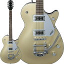 楽器種別：アウトレットエレキギター/GRETSCH 商品一覧＞＞エレキギター/GRETSCH/Electromatic 商品一覧＞＞エレキギター【60，000円〜115，000円】 商品一覧＞＞当店のギターは、出荷前に専門スタッフが検品・調整しているので安心です！GRETSCH FSR G5230T Electromatic Jet FT Single-Cut with Bigsby (Casino Gold)【特価】商品説明新品チョイキズ特価品！！G5230Tに限定カラー登場！Gretsch Electromatic CollectionグレッチのJetに宿るピュアなJetパワーは、65年の歴史の中で、それを使用する特徴的なプレイヤーたちを象徴するサウンドとなりました。Bigsbyを備えた、全く新しいG5230T Electromatic Jet FT Single-Cut with Bigsbyは、本質的なJetパワーを忠実に再現し、驚くべき価格帯を実現しています。チェンバード・マホガニーボディ-ラウドでクリアかつクラシックなJetのトーンは、メイプルトップのチェンバード・マホガニーボディから始まり、豊かな低音域と中音域、非常に滑らかで存在感のある高音域を生み出します。その結果、堅牢でありながらもバランスの取れた、深い音の基盤を実現しています。 Black Top FilterTronPU真髄となる力と明晰さを兼ね備えた、Black Top FilterTron PUは、Electromatic Jet FTのチェンバード・ボディを増幅させ強調することで、ワイドでバランスの取れた、クリアなトーンを生み出します。ラウドでパンチの効いたこのJetは、どのレベルのゲインでも、驚くほどの明瞭なサウンドを出力します。そして、ボディとPUが一体となり、豊でレスポンスの良い低音域と中音域を稲妻のような速度で生み出し、またトゲのない輝く高音域を実現しています。Electromatic Jet FTの総合的なトーンコントロール機能には、より完全な調整を可能にする重要な機能が搭載されています。2PU個別のボリュームコントロールにマスタートーン、マスターボリュームとトレブルブリード回路の組み合わせることで、PUとトーンの設定を直感的かつ、広範囲に調整できます。※画像はサンプルです。製品の特性上、杢目、色合いは1本1本異なります。商品詳細SPECFingerboard Material: Black WalnutFingerboard Radius: 12 (305 mm)Neck Construction: Set-NeckNeck Finish: Gloss UrethaneNeck Material: MahoganyNeck Shape: Thin UNumber of Frets: 22Nut Material: Synthetic BoneNut Width: 1.6875 (42.86 mm)Position Inlays: Pearloid Neo-Classic ThumbnailString Nut: Synthetic BoneBody: Chambered MahoganyBody Binding: White with B/W PurflingBody Finish: GlossBody Material: Chambered MahoganyBody Shape: JetBody Style: Gretsch Chambered Body GuitarsBody Top: Arched Laminated MapleBracing: ChamberedWaist: 8.5 (216 mm)Bridge: Anchored Adjusto-MaticBridge Cover/Tailpiece: Bigsby B50Bridge Mounting: AnchoredControl Knobs: G-ArrowHardware Finish: ChromePickguard: Silver Plexi w/ Black Gretsch & Electromatic LogosStrap Buttons: Gretsch Knurled Strap Retainer KnobsStrings: Nickel Plated Steel (.010-.046 Gauges)Tuning Machines: Die-CastBridge Pickup: Black Top FilterTronControls: Volume 1. (Neck Pickup)、Volume 2. (Bridge Pickup)、Master Volume、Master ToneNeck Pickup: Black Top FilterTronPickup Configuration: FilterTron / FilterTronSwitching: 3-Position TogglePosition 1. Bridge PickupPosition 2. Bridge And Neck PickupsPosition 3. Neck Pickupギグバッグ付属イケベカテゴリ_ギター_エレキギター_GRETSCH_Electromatic_アウトレット JAN:0885978930463 登録日:2024/02/16 エレキギター グレッチ エレクトロマチック エレクトロマティック エレマチ