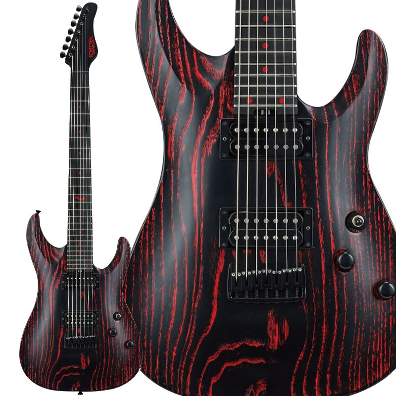 楽器種別：新品エレキギター/SCHECTER 商品一覧＞＞エレキギター【135，000円〜265，000円】 商品一覧＞＞当店のギターは、出荷前に専門スタッフが検品・調整しているので安心です！SCHECTER PA-SM-SH-7(Black In Blood) [SiM SHOW HATE New model]商品説明SiM SHOW-HATE 7弦 New Signature Model！AC-SM-SH-7/SIGを基に氏の強い希望により、価格を抑えながらも本人使用機に極力近付けたサウンド、プレイアビリティ、ルックスを追求した【PA-SM-SH-7】が登場！ボディシェイプは高いプレイアビリティとサウンド特性を考慮し、既存商品EXをベースとしたアーチドトップボディ。7弦の幅広い音域に対応する為、ボディ材は新たにAsh、指板材にはEbonyを採用しました。高音域の鋭さを持ちながら、迫力の低音域でも輪郭を失わないサウンドに貢献しています。SHOW-HATE氏が常用するダウンチューニングに対応する為、スケールは26.5 inch (673mm)を採用。ダウンチューニング時でも充分なテンションを確保し、明瞭なサウンドを出力します。サウンドを構成する大きな要素であるピックアップは、氏が愛用するSeymour Duncan SH-5-7st (Front)/SH-4-7st (Rear)を採用。ハードなディストーションサウンドが際立つSH-5と、倍音が豊富で適度なサステインとディストーションがブレンドされたSH-4の組み合わせは、7弦仕様にアレンジされていても、SHOW-HATEのイメージするサウンドを忠実に出力します。ギグケース付属商品詳細BODY : AshNECK : Maple 3P / 14°(Neck Head Angle) / Super Adjust SystemFINGER BOARD : Ebony / Top Position Inlays(Acrylic RED)，Side Position Inlays(Luminous)FRETS : 24FSCALE : 26 1/2″JOINT : Ultra Access 4-BoltPICKUPS : Seymour Duncan SH-5-7Seymour Duncan SH-4-7BRIDGE：Gotoh 510FX-7CONTROL : 2 Volume / 1 Toggle SwitchCOLOR : Black In Blood(Burner Blast Finish)イケベカテゴリ_ギター_エレキギター_SCHECTER_新品 登録日:2023/12/22 エレキギター シェクター