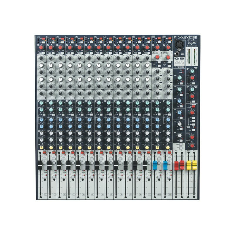 楽器種別：新品ミキサー/SoundCraft 商品一覧＞＞ミキサー【250，000円〜470，000円】 商品一覧＞＞レコーディング機器買うなら、当店で！専門スタッフが迅速丁寧に対応します！SoundCraft GB2R 12/2【お取り寄せ商品】商品説明・上位機種GB4が採用している高品位ヘッドアンプを搭載。緻密な音質補正が可能な4バンド・パラメトリックイコライザーや100mmフェーダーを採用するなど、コンパクトながらライブSR用ミキシングコンソール並の高い音響性能を実現。 ・コネクターパネルの取付位置は、コンソール背面と裏面のいずれかから選択。ラックマウント時には裏面、台置き使用時には背面と常に最適なコネクター位置で運用可能。 ・12モノラル/2ステレオ/2ステレオリターン入力の「GB2R 12/2」と、16モノラル/2ステレオリターンの「GB2R 16」の2モデルを用意。 ・6系統のAUX出力を搭載。AUX1〜2はプリフェーダー固定、AUX3〜4は一括でプリ/ポスト選択可能。AUX5〜6はポストフェーダー固定。 ・マイク入力には、1チャンネル毎にON/OFFの切り替えが可能なファンタム電源を搭載。 ・MIX L/R信号の出力レベルを表示する、視認性の高い12セグメントのLEDメーターを採用。 ・電源は本体に内蔵。 ・標準付属のラックマウントキットを使ってEIA 11Uのスペースにラックマウントが可能。 ■入出力◆入力・モノラル： ※12(XLR/フォーン）* ・ステレオ： 2(XLR/フォーン)* ・ステレオリターン： 2(フォーン)* ・2トラック： 1(RCA)** ◆出力・MIX L/R： ※1（XLR)*** ・MONO： 1（XLR)*** ・グループ(SUB L/R)： ※1(XLR)*** ・AUX： 6(XLR/フォーン)*** ・レコードアウト： 1(RCA)** ・モニター L/R： 1(フォーン)*** ・ダイレクトアウト： 12(フォーン)*** ・ヘッドホン： 1(フォーン) *バランス**アンバランス***インピーダンスバランス※インサート端子あり■仕様 ●周波数特性: 20Hz〜20kHz(±1dB) ●マイク等価入力ノイズ(150Ω): −128dBu ●THD＋N(1kHz): 0.006%以下(＋20dBu) ●最大入力信号レベル: ・マイク入力 ＋15dBu・ライン入力 ＋30dBu・ステレオ入力 ＋15dBu(マイク入力)、＋30dBu(ライン入力) ●最大出力信号レベル: ミックス出力 ＋20dBu ●インピーダンス: ・マイク入力 2kΩ・ライン入力 10kΩ●クロストーク: ・チャンネルミュート 97dB以下 ・フェーダーしぼりきり 95dB以下 ●イコライザー(モノラル入力): ・HF 13kHz、±15dB、シェルビング・HI-MID 550Hz〜13kHz、±15dB、ピーキング(Q=1.5)・LO-MID 80Hz〜1.9kHz、±15dB、ピーキング(Q=1.5)・LF 80Hz、±15dB、シェルビング ●イコライザー(ステレオ入力): ・HF 13kHz、±15dB、シェルビング・HM 2.5kHz、±15dB、ピーキング(Q=0.8)・LM 450Hz、±15dB、ピーキング(Q=0.8)・LF 80Hz、±15dB、シェルビング ●ハイパスフィルター: 100Hz、18dB/oct ●ファンタム電源の切り替え方法: 1チャンネル毎に一括 ●電源(AC100V、50/60Hz): 150W未満 ●寸法(幅×高×奥行)、質量: ・台置き使用時 441×209×535mm、12.5kg・ラックマウント時 483×139×444mm、12.5kgイケベカテゴリ_レコーディング＆PA機器_ミキサー_SoundCraft_新品 登録日:2012/01/15 ミキサー