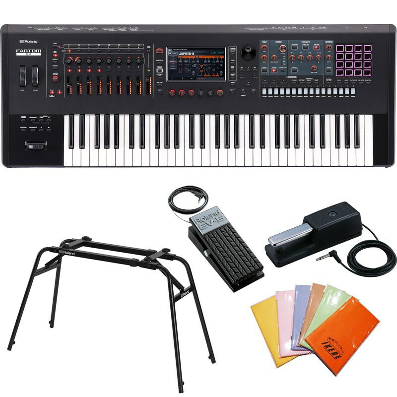 楽器種別：新品シンセサイザー/Roland 商品一覧＞＞シンセサイザー【285，000円〜535，000円】 商品一覧＞＞鍵盤楽器買うなら、当店で！専門スタッフが迅速丁寧に対応します！Roland 【予約商品】FANTOM-6EX+純正アクセサリーセット商品説明☆アップデートされた最高峰ワークステーションFANTOM-EXと純正アクセサリのお得なセット！※このセットには以下の商品が含まれています※Roland FANTOM-6EXRoland DP-10(純正ダンパー・ペダル)Roland EV-5(純正エクスプレッション・ペダル)Roland KS-13(純正キーボードスタンド・テーブル型)イケベオリジナルクロス商品詳細◆最上のフラッグシップ・クリエイティブ・シンセサイザーFANTOMEX◆最新のFANTOMは複数の高度なサウンドエンジン、作曲/パフォーマンス用の強力なツール、そして優れたプレイアビリティを備え、ローランド最高峰シンセサイザーの名に相応しい新たな次元へと進化します。◆POINT◆・ローランド最高峰のシンセサイザーを最新技術によりアップデート・創造性を自由自在に形にできるパワフルで直感的なユーザー・インターフェースを採用・作曲にもライブにも即戦力で活用できるローランドの最先端サウンド・エンジン（ACB、ZEN-Core、V-Piano、SuperNATURAL、VirtualToneWheelなど）を搭載・長年に渡り培われたローランドのサウンド・ライブラリから7000以上のサウンドを搭載・SH-101、JUPITER-8、JX-3PのACBExpansionを使用可能・n/zyme、JD-800、JUNO-106、JUPITER-8、JX-8P、SH-101のMODELExpansion・V-Pianoエンジンと視認性抜群のUIを備えたGermanConcertV-PianoExpansion01・SuperNATURALピアノエンジンによるSuperNATURALAcousticPiano3Expansion・RolandVKシリーズの流れを汲むVirtualToneWheelOrgan・新規搭載のスタジオ・グレードShimmerReverb、ModulationReverbを含む膨大なエフェクトを活用可能・マスターFXは即戦力のプリセットとマスタリング・コンプおよびマスタリングEQのUIのアップデートにより更に使いやすさが向上・32バンドのステレオ・ボコーダーを搭載・シーケンス・ツールにはクリップ・ベースのワークフロー、TR-RECステップ・シーケンサー、ピアノロール編集などを備えストレスのない楽曲制作を実現・ワンショット再生、キーボード・アサイン、マルチサンプルに対応する高度なサンプラー機能を搭載・大型カラー・タッチスクリーンと人間工学に基づきレイアウトされたノブ、ボタン、スライダーを装備・16個のRGBパッドにはサウンド、サンプル、クリップをトリガー可能・マルチ・チャンネル・オーディオI/O、MIDII/O、デュアルCV/ゲート出力、USBなどにより包括的な接続性を実現・16x3オーディオ/MIDIUSBインターフェース機能を搭載・AbletonLive、LogicPro、MainStage、Cubase、StudioOne専用のソフトウェア・コントロールに対応・RolandCloudからクリエイティブの幅を一層広げるZEN-CoreSoundPackおよびWaveExpansionsを活用可能・FANTOMをご使用の方は、RolandCloudよりFANTOMEXUpgradeの購入でFANTOMEXの全ての機能を利用可能◆進化を遂げた究極のクリエイティブ・ハブ◆FANTOMEXは、高い評価を得ている前作のすべての機能を搭載。最先端のテクノロジーによるアップデートを行い、プロフェッショナル・グレードのサウンド・デザイン、シーケンス、パフォーマンスを実現する、優れたクリエイティブ・システムを提供します。■Start Your Engines.FANTOM EXは、プレミアムなサウンド・エンジンによる広範なコレクションを搭載しています。ACB、ZEN-Core、V-Piano、SuperNATURALなど、ローランドのテクノロジーがさまざまな場面でインスピレーションを呼びおこし、あらゆる音楽スタイルに表現力豊かで刺激的なサウンドを提供します。■CreateWithoutLimits.　FANTOM EXは、アイデアを即座に実現できるフレキシブルな構造により、流れを止めずに音楽に集中できるよう設計されています。内蔵エンジンを自由に組み合わせて、クラシックなサウンドからユニークなトーンや複雑なサウンドまで自在に作成可能。多彩なツールを活用し、ワンタッチでクリエイティブな環境を呼び出すことができます。主要な音楽制作ソフトウェアとのインテグレーションにより、さらに自由度と汎用性が広がり、加えてRoland Cloudのプレミアム・サウンド・コンテンツも豊富に取り揃えています。■EverythingAtOnce.　FANTOM EXはいつでも必要十分な機能とパワーを活用できるので、音楽のビジョンを損なう心配はありません。コア・カスタム・プロセッサーは、スムーズで正確な操作と十分に余裕のあるオーバーヘッドにより、豊富なポリフォニーやフルパッチのトーン・リメインなどもシームレスに行えます。新たに搭載されたスタジオ・グレードのリバーブや、より使いやすくなったサウンド全体を形作るためのMaster FXなど、数十のエフェクトを搭載。また、FANTOMの特徴的なアナログフィルターは、温かみのあるサウンドやグリットの効いたトーンにも最適です。■Complete Control.扱いやすく人間工学に基づいて配置されたボタン、ノブ、スライダーなどを使って、素早くサウンドを作成し簡単に作曲を行うことができます。用途に応じて自在に変化する、視認性に優れたカラー・タッチスクリーンを搭載。また、スクリーンセーバーやスタートアップ画面用のカスタム画像をインポートして、自分好みにカスタマイズすることも可能です。◆新次元のサウンド◆FANTOM EXは、音楽史を彩ってきたローランドの膨大なサウンド・ライブラリを自由に扱うことが可能です。7000以上のトーンと強力なシンセシス・ツールを活用して、サウンドメイクや作曲、パフォーマンスを行うことができます。■Analog Circuit Behaviorの真骨頂ローランドのACB(Analog Circuit Behavior)テクノロジーは、アナログ回路とそのすべての動作をコンポーネントレベルで忠実に再現し、リアルなアナログ・サウンドを実現。FANTOM EXは、Circuit ModやCondition機能など、最新の進化を遂げた3種類のACBインストゥルメントに対応し、さまざまなビンテージ・キャラクターをコントロールすることができます。■JUPITER-8 ACB Expansion1981年に発売されたJUPITER-8は、史上最も有名で人気の高いポリフォニック・シンセサイザーの1つです。JUPITER-8 ACB Expansionは、このビンテージ・アイコンを回路レベルで完全に再現しFANTOMの画面やインターフェースでの操作を実現しています。■SH-101 ACB ExpansionSH-101 ACB Expansionは、1982年の誕生から世界中のエレクトロニック・ミュージックのスタイルを形作り、刺激を与え続けている強力なモノフォニック・シンセサイザーRoland SH-101を忠実に再現しています。■JX-3P ACB Expansion1983年に発売されたJX-3Pは、洗練された外観とプログラミングの簡略化、デジタル・コントロールのオシレーターによる安定したチューニングの時代の幕を開いた画期的なシンセサイザーとして高い人気を集めました。JX-3P ACB Expansionにより、アンダーグラウンドな80年代クラシック・サウンドをFANTOMに取り込むことができます。■The Power of ZEN-Core柔軟性に富み拡張も可能なZEN-Core Synthesis Systemは、ローランドの数十年にわたる研究開発技術を集結し、エレクトロニック、アコースティック、ハイブリッド・サウンドなど多種多様なサウンドを提供します。それぞれに独立したオシレーター、フィルター、アンプ、デュアルLFO、エフェクトを備えた最大4系統のパーシャルにより、表現力豊かなトーンを生み出すことが可能。また、一つのシーン内で最大16のパートにアサインして複雑なスプリットやレイヤーの作成や、シーケンスの演奏も可能です。■Model Expansion希少で人気の高いクラシック・サウンドから先進的なサウンドまで、Model Expansionはローランドのシンセサイザーの歴史とその進化し続ける世界へのアクセスを実現します。FANTOM EXには、汎用性の高いZEN-Coreシステムによる6種類のModel Expansionを搭載しています。■n/zyme Model Expansionn/zymeは、FANTOMのために開発された新しいシンセ・エンジンを搭載した、先進的なシンセサイザーです。Wavetable OscillatorやPhase / Shape Modulation、レゾナント・フィルター、2系統のステップLFOを融合させたn/zymeは、無限にクリエイティビティを刺激する極めてインタラクティブな音楽ツールです。■Vintage Model ExpansionsビンテージにインスパイアされたJD-800、JUNO-106、JUPITER-8、JX-8P、SH-101 Model Expansionsは、ローランド往年のシンセサイザーのエッセンスを捉えつつ、ポリフォニーやその他の機能を現代の音楽環境にマッチするよう強化されています。■卓越したピアノ・サウンドアコースティック・ピアノは、多くのキーボーディストにとってベースとなる楽器です。FANTOM EXはV-PianoとSuperNATURALテクノロジーにより、リアルな響きと臨場感、深い表現力を持つピアノ演奏を体感することができます。V-Pianoはインターフェースを刷新し、よりスムーズなワークフローを実現。RD-2000用に開発されたGerman Concert V-Piano Expansion 01がプリインストールされています。また、SuperNATURALアコースティック / エレクトリック・ピアノ、そして新開発のSuperNATURAL Acoustic Piano 3 Expansionも搭載されています。■必須のオルガンローランドのVirtual ToneWheelエンジンは、本物のトーンホイール・オルガンが持つサウンド生成プロセスを忠実にエミュレートし、調整可能なパーカッション、キー・クリック、リーケージ・ノイズなどを備えたトーンホイール・タイプを搭載しています。また、表現豊かなロータリー・エフェクトにより、可変速度、ブレーキ制御、およびチューブの歪みを調整可能。タッチスクリーン、スライダー、ノブ、およびキーボード・アクションは、リアルなオルガン演奏を実現するために自動的に構成され、実践的なサウンド・コントロールと迅速なプレイアビリティを実現します。◆スタジオの要◆シームレスなコンピューターとのインテグレーション、強力な作曲ツール、多様な接続性を備えたFANTOM EXは、制作の中心として存在感を発揮します。■DAWとの強力なインテグレーションFANTOM EXは、さまざまなコンピューターベースのセットアップに簡単に組み込むことが可能です。タッチ・スクリーンでのコントロールは、Ableton Live、Logic Pro、MainStage、Cubase、Studio Oneなどの一般的なソフトウェア・プラットフォーム用にそれぞれの専用モードを搭載。内蔵の16x3オーディオ/ MIDI USBインターフェースを使用し、ソフトウェアとハードウェアのサウンドをミキシング、レイヤー化したり、シーケンサー・パートをコンピュータートラックに送信したり、DAWのソースをFANTOM EXのエフェクトでルーティングしたりとフレキシブルに活用できます。■優れた接続性リア・パネルの豊富な接続端子から、ほぼすべての機材と接続可能です。XLR/TRS標準コンボ端子からマイクや楽器を接続し、8系統の出力から個別にルーティングして外部に送ることができます。MIDI機器を接続して、タッチ・スクリーンでソフトウェア・シンセサイザーを直接操作したり...イケベカテゴリ_キーボード_シンセサイザー_Roland_新品 JAN:4957054522001 登録日:2024/05/04 シンセサイザー シンセ Synth ローランド ろーらんど