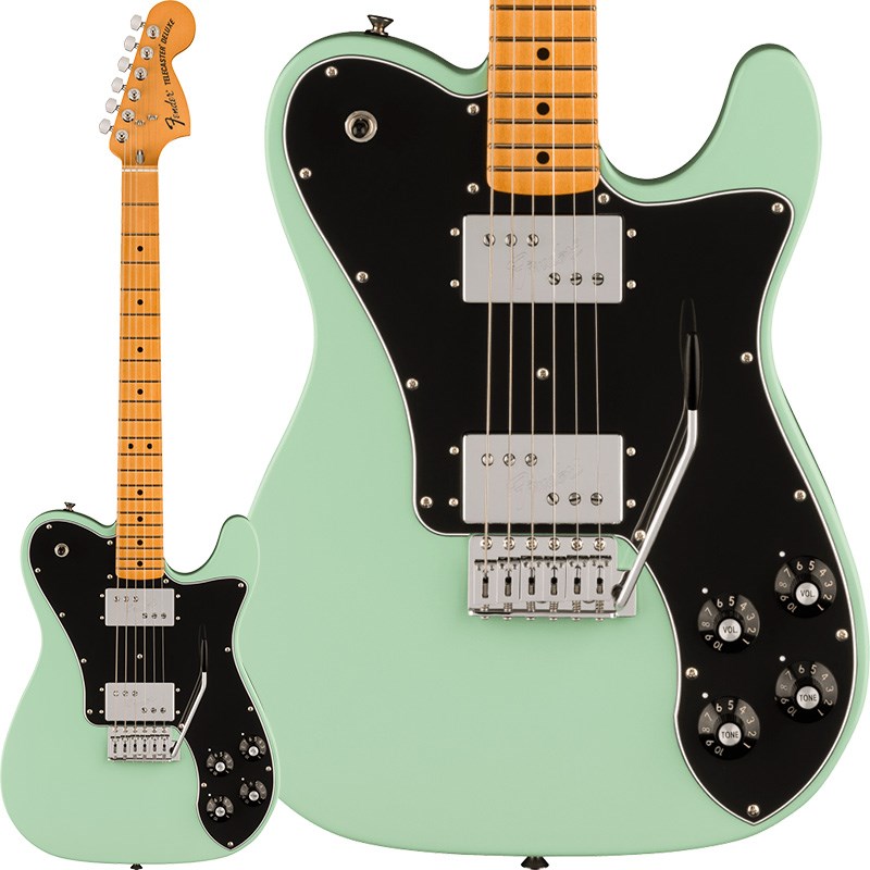 楽器種別：新品Fender MEX/Vintera 商品一覧＞＞Fender MEX/新品 商品一覧＞＞エレキギター【110，000円〜210，000円】 商品一覧＞＞TLタイプ/Fender MEX 商品一覧＞＞当店のギターは、出荷前に専門スタッフが検品・調整しているので安心です！Fender MEX Vintera II 70s Telecaster Deluxe with Tremolo (Surf Green)商品説明Vintera II 70s Telecaster Deluxe with Tremoloは、70年代のタイムレスなサウンドを現代に蘇らせ、フェンダーならではのアイコニックなルックス、インスピレーション、比類ないトーンを提供します。Vintera II 70s Telecaster Deluxe with Tremoloは、アルダーボディとメイプルネックを採用し、パンチと透明感に溢れたクラシックなフェンダートーンを実現します。Uシェイプネックは、70年代モデルのネックプロファイルを元に設計されており、7.25インチラジアス指板とヴィンテージトールフレットにより、大胆なベンディングや繊細なビブラートが可能で、ヴィンテージの快適さが得られます。2基のヴィンテージスタイル’70sワイドレンジハムバッカーは、煌びやかさと温かでダイナミックなパワフルさを併せ持ち、アイコニックなフェンダーサウンドを提供します。ヴィンテージスタイルのTelecaster Deluxeチューニングマシンは、クラシックなルックスに加え、より細かいギア比とチューニングの安定性を向上させます。Vintera II 70s Telecaster Deluxe with Tremoloのクラシックなヴィンテージフィールと比類なきフェンダーサウンドで、あなたにしかできない、新たな音楽の歴史を刻み始めましょう。※画像はサンプルです。製品の特性上、杢目・色合いは1本1本異なります。商品詳細Body Material: AlderBody Finish: Gloss PolyesterNeck: Maple， ‘70s UNeck Finish: Gloss UrethaneFingerboard: Maple， 9.5 (241 mm)Frets: 21， Vintage TallPosition Inlays: Black Dot (Maple)Nut (Material/Width): Synthetic Bone， 1.650 (42 mm)Tuning Machines: Pure Vintage Tele DeluxeScale Length: 25.5 (64.77 cm)Bridge: 6-Saddle Vintage-Style Synchronized Tremolo with Block SaddlesPickguard: 3-Ply Black/White/BlackPickups:Vintage-Style Wide-Range Humbucking (Bridge)Vintage-Style Wide-Range Humbucking (Neck)Pickup Switching: 3-Position Toggle:Position 1. Bridge PickupPosition 2. Bridge And Neck PickupsPosition 3. Neck PickupControls: Volume 1. (Neck Pickup)， Tone 1. (Neck Pickup)， Volume 2. (Bridge Pickup)， Tone 2. (Bridge Pickup)Control Knobs: Skirted Black Plastic with Numbered IndicatorsHardware Finish: Nickel/ChromeStrings: Fender USA 250L Nickel Plated Steel (.009-.042 Gauges)ギグケース付属イケベカテゴリ_エレキギター_TLタイプ_Fender MEX_Vintera_新品 SW_Fender MEX_新品 JAN:0717669592110 登録日:2023/09/18 エレキギター フェンダー ふぇんだー フェンダーMEX フェンダーメキシコ ビンテラ ヴィンテラ