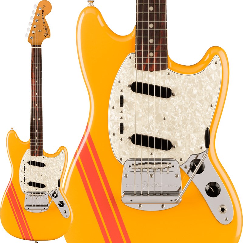 楽器種別：新品Fender MEX/Vintera 商品一覧＞＞Fender MEX/新品 商品一覧＞＞エレキギター【115，000円〜225，000円】 商品一覧＞＞MGタイプ/Fender MEX 商品一覧＞＞当店のギターは、出荷前に専門スタッフが検品・調整しているので安心です！Fender MEX Vintera II 70s Competition Mustang (Competition Orange)商品説明Vintera II 70s Mustangは、70年代のタイムレスなサウンドを現代に蘇らせ、フェンダーならではのアイコニックなルックス、インスピレーション、比類ないトーンを提供します。Vintera II 70s Mustangは、アルダーボディにローズウッド指板のメイプルネックを採用し、パンチと透明感に溢れたクラシックなフェンダートーンを実現します。70年代初期のCシェイプネックは、直感的で魅力的なプレイアビリティを提供する70年代モデルのネックプロファイルをベースに設計されており、7.25インチラジアス指板とヴィンテージトールフレットにより、大胆なベンディングや繊細なビブラートが可能で、ヴィンテージの快適さが得られます。ヴィンテージスタイルの’70sシングルコイルピックアップは、煌びやかさと温かでダイナミックなパワフルさを併せ持ち、アイコニックなフェンダーサウンドを提供します。ヴィンテージスタイルのMustangフローティングトレモロと「F」刻印入りチューニングマシンは、クラシックなルックスに加え、イントネーションとチューニングの安定性を向上させます。Vintera II 70s Mustangのクラシックなヴィンテージフィールと比類なきフェンダーサウンドで、あなたにしかできない、新たな音楽の歴史を刻み始めましょう。※画像はサンプルです。製品の特性上、杢目・色合いは1本1本異なります。商品詳細Body Material: AlderBody Finish: Gloss PolyesterNeck: Maple， Early ‘70s CNeck Finish: Gloss UrethaneFingerboard: Slab Rosewood， 7.25 (184.1 mm)Frets: 21， Vintage TallPosition Inlays: White Dot (Slab Rosewood)Nut (Material/Width): Synthetic Bone， 1.650 (42 mm)Tuning Machines: Fender Vintage F Stamped with White ButtonsScale Length: 24 (60.96 cm)Bridge: 6-Saddle Vintage-Style Mustang TremoloPickguard: 4-Ply Aged White PearloidPickups:Vintage-Style ‘70s Single-Coil Mustang (Bridge)Vintage-Style ‘70s Single-Coil Mustang (Neck)Pickup Switching: 2-On/Off Slide Switches， One for Each PickupControls: Master Volume， Master ToneControl Knobs: Black PlasticHardware Finish: Nickel/ChromeStrings: Fender USA 250L Nickel Plated Steel (.009-.042 Gauges)ギグケース付属イケベカテゴリ_エレキギター_MGタイプ_Fender MEX_Vintera_新品 SW_Fender MEX_新品 JAN:0717669920326 登録日:2023/09/18 エレキギター フェンダー ふぇんだー フェンダーMEX フェンダーメキシコ ビンテラ ヴィンテラ