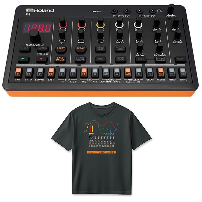 楽器種別：新品Roland/新品 商品一覧＞＞シンセサイザー・電子楽器【20，000円〜45，000円】 商品一覧＞＞リズムマシン・サンプラー/Roland 商品一覧＞＞鍵盤楽器買うなら、当店で！専門スタッフが迅速丁寧に対応します！Roland (Tシャツセット)T-8 BEAT MACHINE(AIRA Compact) & T-8 T-Shirts DesignA Lサイズ (RT/T-8AL) セット (T-8デザイン) ローランド アイラ コンパクト商品説明★Roland のリズム・マシンを象徴するTR シリーズのドラム・サウンドとTB-303 のベース・サウンドを、ポケットサイズのコンパクトボディに集約。T-8 は、エレクトロニック・ミュージックのビートメイクをお手軽に楽しめるビート・マシンです。エレクトロニックミュージックに幅広く使われるリズム・マシンTR シリーズのドラム・サウンドと、TB-303 のベース・サウンドを一台に凝縮しています。◎本格的なエレクトロニック・ミュージックのビートメイクが楽しめる、超小型リズム＆ベース・マシン◎現在も多くのファンを持つリズム・マシンTR-808やTR-909、TR-606のサウンドを搭載した6つのドラム・トラック◎ベース・トラックにはTB-303直系のノコギリ波 / 矩形波とコントローラーを搭載◎ACB（Analog Circuit Behavior）により、Rolandヴィンテージ・ギアのサウンドと挙動を忠実に再現◎最大32ステップの打ち込みが可能なTR-RECシーケンサー◎合計64個のユーザーパターンの作成、保存が可能◎ProbabilityやSub Step、Last Step、Velocityなどを使用したリズム・プログラムが可能◎Realtime Rec、Step Loop、Mute、Fill、Reload、Pattern Shiftがパフォーマンスをサポート◎Delay、Reverb、Overdrive、Sidechainなど多彩なエフェクターを搭載◎AUDIO MIX、MIDI、SYNCのIN/OUTに加え、AIRA LINKにも対応し、様々な機器との接続が可能◎USB-CによるAUDIO / MIDIインターフェース機能を搭載し、ドライバーのインストール必要なくDAWとの連携を実現◎電源にリチウムイオン電池を採用し、1回の充電で最大4.5時間の動作が可能◎高品質のラバーパッドを搭載した、気軽に持ち運べるボディ◎オプションのBOSS TRS MIDIケーブルを使用して、他のAIRA CompactやMIDIデバイスと接続が可能●エレクトロニック・ミュージックの あの音どこかで一度は耳にしたことがあるTR-808 / TR-909 / TR-606 のリズム・サウンド。一度聞いたら頭から離れないTB-303 のベース・サウンド。T-8 は、エレクトロニック・ミュージックで愛用されている象徴的なサウンドを、ハイエンドAIRA 製品と同等のACB で忠実に再現しています。●リズム・セクションの中心に多様なIN/OUT を搭載したT-8 は、多様なエレクトロニック・ミュージックのリズム・セクションを担います。SYNC やMIDIで他のAIRA Compact やガジェットと接続してシンクさせたり、USB でDAW やモバイル・ミュージック・アプリに接続したりと、幅広く活用できます。●厳選の7トラック6 つのドラム・トラックと1 つのベース・トラックを備えたT-8は、スムーズなビートメイクに最適なインターフェースを搭載しています。1 パターンあたり最大32 ステップで、合計64 個のパターンを作成可能。多数のコントローラーを駆使して、自由自在にビートメイクができます。●明解なワークフロー1980 年代から多くのビートメーカーに愛されてきたTR-REC方式のシーケンサーを搭載したT-8 は、操作を止めることなくアイデアを形にできます。Real-time recording、Sub Step、Velocity の打ち込みによるビート・メイクだけでなく、Step Loop、Pattern Shift、Probability によるダイナミックなパフォーマンスも可能です。●存在感を放つベースT-8はTB-303のベース・サウンドを搭載し、その特徴的なベース・フレーズを簡単に楽しめます。ノート、アクセント、スライドをステップ入力してトラックを作成したり、鍵盤としても使えるボタンや外部MIDI キーボードを使って、ライブ・パフォーマンスに活用したりできます。●遊べるエフェクトT-8 の高品質なエフェクトはサウンドに多彩な表情を与えます。サウンドに厚みを与えるオーバードライブや、ビートに躍動感を与えるサイドチェーン。そしてディレイとリバーブによって、全体の奥行きと広がりを追加できます。●いつでもどこでもコンパクトなボディからは想像できないほどのサウンドを産み出すT-8 は、場所を選ばず自由に楽しむことができます。内蔵のリチウムイオン・バッテリーにより、1 回の充電で最大4.5時間使用可能。いつでもどこでも、お手軽なビートメイク体験ができます。■仕様◎ステップ・シーケンサーRHYTHM INST パート× 6BASS パート× 132 ステップ◎INST トーンバス・ドラムスネア・ドラムハンド・クラップタムクローズド・ハイハットオープン・ハイハットベース◎エフェクトDELAY、REVERB、OVERDRIVE◎ディスプレイ7 セグメント4 桁（LED）◎接続端子SYNC （IN、OUT） 端子： ミニ・タイプMIX （IN、OUT） ／ PHONES 端子： ステレオ・ミニ・タイプMIDI （IN、OUT） 端子： ステレオ・ミニ・タイプUSB 端子： USB Type-C （R） （オーディオ、MIDI）◎電源充電式リチウムイオン電池USB 端子より取得（USB バス電源）◎消費電流500mA◎連続使用時の電池の寿命約4.5 時間　※使用状況によって異なります◎電池の充電時間約3 時間※充電にはパソコンなどのUSB 端子、または市販のUSB 電源アダプターが必要です（5V、500mA 以上）。◎外形寸法188 （幅） × 106 （奥行） × 36.2 （高さ） mm◎質量（電池含む）310g◎アクセサリー「はじめにお読みください」チラシ保証書USB Type-C to USB Type-A ケーブルイケベカテゴリ_シンセサイザー・電子楽器_リズムマシン・サンプラー_Roland_新品 SW_Roland_新品 JAN:4957054518769 登録日:2026/03/08 ドラムマシン リズムマシン ローランド ろーらんど