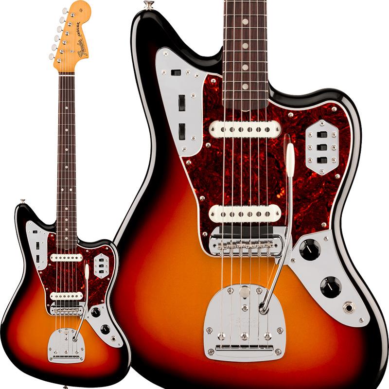 楽器種別：新品Fender MEX/Vintera 商品一覧＞＞Fender MEX/新品 商品一覧＞＞エレキギター【120，000円〜235，000円】 商品一覧＞＞JGタイプ/Fender MEX 商品一覧＞＞当店のギターは、出荷前に専門スタッフが検品・調整しているので安心です！Fender MEX Vintera III Mid '60s Jaguar (3-Color Sunburst/Rosewood)商品説明Vintera III SeriesVintera IIIシリーズは、50年代、60年代、70年代の象徴的なFenderギターのルックス、フィール、そしてトーンを忠実に再現した、細部までこだわったヴィンテージ復刻モデルをラインナップしています。Vintera III Mid '60s Jaguarは、アルダーボディにローズウッド指板のメイプルネックを組み合わせ、パンチとクリアな明瞭度を備えた、紛れもないフェンダーサウンドを生み出します。オーセンティックな60年代中期のCシェイプネックは、手に自然に馴染む、どこか懐かしい弾き心地を提供。7.25インチラジアス指板とヴィンテージトールフレットが、抜群の快適性と優れた演奏性を実現します。サウンドの要となるピックアップには、丁寧に作り込まれた60年代中期仕様のヴィンテージスタイルシングルコイルを2基搭載し、Fenderサウンドを確立した甘く煌めきのあるトーンを余すことなく表現します。その他、ヴィンテージスタイルのトレモロロック付きフローティングトレモロ、音作りの幅を広げる当時仕様のリズムサーキット、ヴィンテージスタイルのJaguarミュートといった特徴を備えています。ヴィンテージスタイルの様々なディテールがクラシックな美しさをエンハンスし、当時に忠実なチューニングマシンが高いチューニング精度を実現します。Vintera IIIに注ぎ込められた細部のすべてがFenderの歴史を語り、本格的なヴィンテージスピリットと伝説的なサウンドを提供します。※画像はサンプルです。製品の特性上、杢目、色合いは個体ごとに異なります。商品詳細Series: Vintera IIIBody Material: AlderBody Finish: Gloss PolyesterNeck: Maple， Mid ‘60s CNeck Finish: Gloss UrethaneFingerboard: Round-Laminated Rosewood， 7.25 (184.1 mm)Frets: 22， Vintage TallPosition Inlays: Aged-White Pearloid DotsNut (Material/Width): Bone， 1.650 (42 mm)Tuning Machines: Fender Vintage-StyleScale Length: 24 (60.96 cm)Bridge: 6-Saddle Vintage-Style Adjustable with Floating Tremolo Tailpiece with Jaguar MutePickguard: 4-Ply Tortoiseshell (3-Tone Sunburst)， 3-Ply Mint Green (Sherwood Green Metallic， Shell Pink)Pickups:Vintage-Style Mid ‘60s Single-Coil Jaguar (Bridge)Vintage-Style Mid ‘60s Single-Coil Jaguar (Neck)Pickup Switching: 2-On/Off Slide Switches， One for Each PickupSpecial Electronics: 2-Position Slide Switch for Bass-Cut Strangle CircuitAuxiliary Switching: 2-Position On/Off Slide Switch for Switching Between Lead and Rhythm CircuitsControls:Lead Circuit Controls (Slide Switch Down): Master Volume， Master ToneRhythm Circuit Controls (Slide Switch Up): Two Thumbwheel Controls for Neck Pickup Volume and ToneControl Knobs: Black PlasticHardware Finish: Nickel/ChromeStrings: Fender USA 250R Nickel Plated Steel (.010-.046 Gauges)， PN 0730250406Case/Gig Bag: Included: Deluxe Gig Bagイケベカテゴリ_エレキギター_JGタイプ_Fender MEX_Vintera_新品 SW_Fender MEX_新品 JAN:0885978960644 登録日:2026/04/13 エレキギター フェンダー ふぇんだー フェンダーMEX フェンダーメキシコ ビンテラ ヴィンテラ