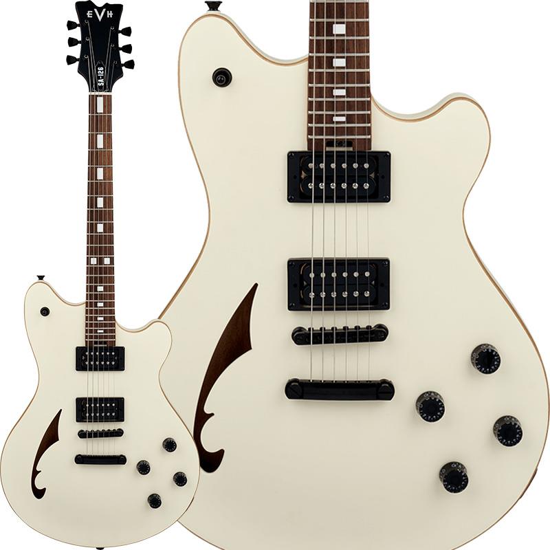 楽器種別：新品EVH/新品 商品一覧＞＞エレキギター【95，000円〜180，000円】 商品一覧＞＞セミアコ/EVH 商品一覧＞＞当店のギターは、出荷前に専門スタッフが検品・調整しているので安心です！EVH SA-126 Standard (Satin Vintage White)商品説明EVH SA Series今年再び、エディ・ヴァン・ヘイレンの息子であるウルフギャング・ヴァン・ヘイレンが、21世紀におけるモダンギターのあるべき姿をSA-126 Standardで提案します。SA-126は、セミホロウギターとソリッドボディギターのハイブリッドで、チェンバード／センターブロックのソリッドボディにボルトオンネックを組み合わせ、スリムネック、ジャンボフレット、高出力ピックアップなど、ハイパフォーマンスギターの定番として知られる仕様を併せ持っています。ウルフギャングが考案した本モデルは、多用途性を念頭に置いてデザインされており、圧巻のリズムプレイとハイスピードソロプレイを見事なトーンバランスでサポートします。SA-126 Standardは、マホガニーボディにチェンバー加工を施し、剛性と卓越したトーンを得るためにマホガニーセンターブロックを追加しています。メイプルトップとナチュラルボディバインディングは、クラシックでクリーンなルックスをエンハンスします。メイクドメイプルネックには、グラファイト補強ロッドを内蔵し、22本のジャンボフレットと新たなブロックインレイデザインを採用した12〜16インチコンパウンドラジアス仕様のローズウッド指板を装備しています。24.75インチスケールで、快適かつ親しみやすいモダンクラシックのようなフィールが得られます。ネックエンドにはスポークホイールを装備し、トラスロッド調整が簡単に行えます。フェンダーの専属ピックアップデザイナー、ティム・ショウとEVHチームによって製作されたEVH SA-126ブリッジ＆ネックピックアップからはガラスのようなクリーンサウンドから、最も耳の肥えたゲインサウンドファンをも満足させる極上のドライブトーンまで、幅広いサウンドが得られます。アッパーホーンに配置された3ウェイトグルスイッチでブリッジ、ブリッジ＆ネック、ネックの各ピックアップポジションを切り替えられる他、2つのボリュームと2つのトーンノブでそれぞれのピックアップコントロールが可能です。その他、EVH T.O.Mブリッジ、ストップバーテイルピース、オーバーサイズのストラップボタン、キーストーンチューニングペグを装備しています。※画像はサンプルです。製品の特性上、杢目、色合いは個体ごとに異なります。商品詳細Series: SABody Material: Chambered Nyatoh w/ Nyatoh centerblockBody Finish: Gloss UrethaneNeck: Baked Maple， EVH Modified C BackshapeNeck Finish: Natural SatinFingerboard: Rosewood， 12-16 Compound Radius (304.8 mm to 406.4 mm)Frets: 22， JumboPosition Inlays: Single BlockNut (Material/Width): Graph Tech TUSQ， 1.75 (44.45 mm)Tuning Machines: EVH Keystone TunersScale Length: 24.75 (629 mm)Bridge: EVH T.O.MPickups: EVH SA-126 Humbucking (Bridge & Neck)Pickup Switching: 3-Position Toggle:Position 1. Bridge PickupPosition 2. Bridge And Neck PickupsPosition 3. Neck PickupControls: Volume 1. (Neck Pickup)， Tone 1. (Neck Pickup)， Volume 2.(Bridge Pickup)， Tone 2. (Bridge Pickup)Control Knobs: Black Speed KnobsHardware Finish: Chrome or Black or GoldStrings: Nickel Plated Steel (.009-.046 Gauges)ソフトケース付属イケベカテゴリ_エレキギター_セミアコ_EVH_新品 SW_EVH_新品 JAN:0885978553877 登録日:2025/09/22 エレキギター バンヘイレン ヴァンヘイレン バン・ヘイレン ヴァン・ヘイレン
