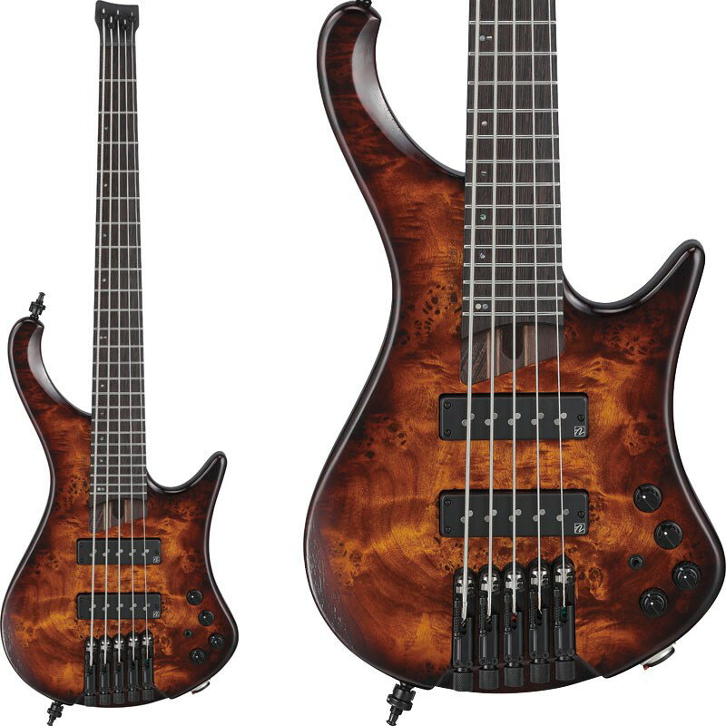 楽器種別：新品Ibanez/EHB (Ergonomic Headless Bass) 商品一覧＞＞Ibanez/新品 商品一覧＞＞ベース【115，000円〜220，000円】 商品一覧＞＞エレキベース/多弦ベース/Ibanez 商品一覧＞＞当店のベースは、出荷前に専門スタッフが検品・調整しているので安心です！Ibanez Bass Workshop EHB1505S-DEL [SPOT MODEL]商品説明リビングやデスク・サイドにぴったりな杢目TOPのEHBショート・スケール5弦モデルErgonomic Headless Bassヘッドレス・スタイル最大の利点である持ち運びやすさに加えて、演奏のしやすさを兼ね備えたベース。そしてなによりも、ベース・サウンドに対する工夫。従来、「鳴らない」とか「使い難い」と言われることが多かったヘッドレスを、Ibanez Bass Workshopが見つめなおし、全く新しいヘッドレス・ベースEHBを作り上げました。それは他のヘッドレス・モデルの真似ではなく、既存デザインあるいはシェイプの単なるヘッドレス化でもありません。Ibanez の新たなベース、EHBの誕生です。■立奏/座奏を問わず完璧なバランスで奏者に収まるよう、人間工学に基づいて設計したEHBボディ・デザインホーンは立奏時にボディとネックとのバランスを取るとともに持ちやすい形状に、高音弦側のボディ・カーブは特に座奏時のフィット感とバランスを重視して設計しています。ボディ表面の肘が当たる部分には傾斜をつけるコンター加工を入れ、また体に触れる部分のボディ・エッジにはすべて滑らかなRをつけて処理しています。ボディ裏面は低音弦に向かって薄くなるよう大胆にカットを施しています。これは座奏時にフィット感を高めるとともに、指板インレイを見る目線の角度を考慮した設計です。併せてハイ・フレット域へのアクセスを容易にするため、高音弦側のホーン裏はスクープするようにカット加工しています。■さらにコンパクトに、それでいてベース・サウンドを犠牲にしない、30インチショートスケール・モデル■演奏時の快適性を追求したボディ・カーブと、ボディの鳴りをより感覚的に感じられるチェンバー加工ホロウ・ボディのようにボディ内の振動をそのまま体感することで、奏者は自身の鳴らしている音をより認識できるでしょう。また、僅かながら軽量化にもつながっています。■ポプラ・バール材トップ/アフリカン・マホガニー材ボディ■パンガパンガ材/ウォルナット材 9pcsネック w/グラファイト製レインフォースメント・ロッドいずれも硬質な木材で、明瞭な音像を得られやすく、歯切れのよいサウンドが特徴です。■パンガパンガ材指板 / ステンレス・スティール・フレット / 蓄光サイド・ポジション・インレイ■Nordstrand Big Split custom ピックアップ甘めのトーンを備えた、ボトムの豊かなスプリット・ピックアップです。いわゆるベース・ラインに最適なサウンドから、ファンキーなスラップ・サウンドまでをいずれもナチュラルにカバーします。■Vari-Mid 3-Band EQ w/EQ バイパス・スイッチ（006P 9Vアルカリ乾電池駆動）Variable frequency control for Mid EQ の略称が示す通り、Midのコントロールに融通を利かせたEQです。通常、3バンドEQと言えば、HIGH/MID/LOWのように帯域を3つに分割して開発者が任意に指定した周波数域のフォーカスに合わせ、ブーストあるいはカットのコントロールをするものですが、このVari-Midではユーザーが任意にMidのフォーカスを合わせられるのです。例えばほぼベースの音域に当たる100HzにMidを合わせ、そこをブーストすることで、低音への不足感を補うことが出来ます。■MR5HS モノレール・ブリッジ / EHB専用設計のヘッドピースオリジナルのヘッドレス専用ブリッジです。ブリッジエンド部を回すことでチューニングします。この回し心地が固いことが他社製品の弱点でしたが、独自の設計に加えてテフロン製ワッシャを採用し、回しやすさを獲得しています。サドルは左右に1.5mm動かすことができ、弦と弦とのスペース（弦間ピッチ）を可動範囲内で任意に設定可能です。プレイスタイルに合わせた細かなセッティングが行なえます。■Schaller S-Locks ストラップ・ピン / Neutrik製ロッキング・ジャックワンタッチでストラップの着脱が可能なSchaller S-Locks ストラップ・ピンを採用しました。また、プラグを確実にロックし、着実な演奏環境を提供するNeutrik製ロッキング・ジャックも採用しています。■フィンガー・ランプ付属どのポジションでも安定したフォームを実現し、演奏性の向上に役立つのがフィンガー・ランプです。EHBシリーズには、フィンガー・ランプとして使用できる艶消しのブラック・カラーの木板が付属しています。EHBシリーズ各モデルの弦数、スケールに合わせた専用形状です。※ご注意付属フィンガー・ランプの裏面にはあらかじめ両面テープが貼り付けられており、両面テープによってボディに接着する仕様となっています。接着したフィンガー・ランプを取り外す際、ボディ表面の塗装を傷めることがあります。十分にご注意ください。フィンガー・ランプの接着及び取り外しは、お客様の責任において行ってください商品詳細【Specifications】■Neck type: EHB5 9pc Pangapanga/Walnut neck w/Graphite reinforcement rods■Body: Poplar Burl Top / Selected light weight African Mahogany body■Fretboard: Panga Panga fretboard w/Off-set Abalone dot inlay■Fret: Medium Stainless Steel■Bridge: MR5HS bridge (18mm string spacing)■Neck pickup: Nordstrand Custom Big Split neck pickup■Bridge pickup: Nordstrand Custom Big Split bridge pickup■Equalizer: Vari-mid 3-band EQ w/EQ bypass switch (passive tone control on treble pot)■Machine Head: Ibanez custom headpieces■Hardware color: Black■String gauge: .045/.065/.085/.105/ .130 (D'Addario EXL165 + .130)【Neck Dimensions】■Scale: 762mm/30inch■Width at Nut: 45mm■Width at Last Fret: 74mm■Thickness at 1st: 19.5mm■Thickness at 12th: 21.5mm■Radius: 500mmRイケベカテゴリ_ベース_エレキベース_多弦ベース_Ibanez_EHB (Ergonomic Headless Bass)_新品 SW_Ibanez_新品 JAN:4549763352637 登録日:2024/04/30 エレキベース アイバニーズ イバニーズ