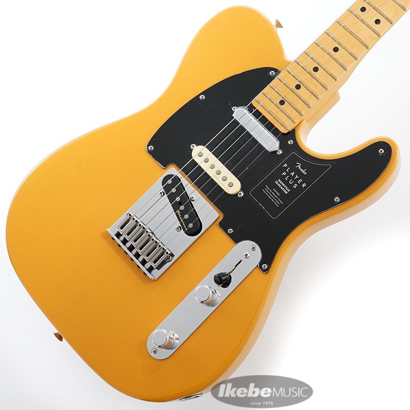 楽器種別：新品エレキギター/Fender MEX 商品一覧＞＞エレキギター/Fender MEX/Player Plus 商品一覧＞＞エレキギター【85，000円〜170，000円】 商品一覧＞＞当店のギターは、出荷前に専門スタッフが検品・調整しているので安心です！Fender MEX Player Plus Nashville Telecaster (Butterscotch Blonde/Maple)商品説明Fender Player Plus SeriesPlayer Plus Nashville Telecasterは、クラシックなフェンダーデザインにプレイヤーを意識した実用的な機能とエキサイティングな新フィニッシュげを融合させ、優れた演奏体験と紛れもないスタイリングを提供します。本モデルは、3基のPlayer Plus Noiselessピックアップを装備し、ハムノイズを抑制したウォームで甘いTelecasterトゥワングトーンに加え、Stratocasterのようなハーフトーンを提供します。トーンコントロールはプッシュ／プル仕様となっており、スイッチポジション1と2にの際にネックピックアップを追加することができ、多彩なサウンドを実現します。サテンフィニッシュのModern C シェイプPlayer Plus Teleネックは、手にぴったりとフィットし、滑らかなエッジのロールオフ処理が心地よさを提供します。12インチラジアス指板と22本のミディアムジャンボフレットはリードプレイに適しており、弦落ちを気にすることなく、アグレッシブなベンディングを可能にします。モダンな仕様の6連ブロックスチールサドル付きTelecasterブリッジがブライトさを付与し、ロッキングチューナーが抜群のチューニングの安定性と容易な弦交換を実現します。フェンダーの伝統的なスタイル、先進的なパフォーマンス、そして魅力的な新しいフィニッシュを備えたPlayer Plus Nashville Telecasterは、あなたのクリエイティビティを刺激し、ワンランク上のプレイをサポートします。※画像はサンプルです。製品の特性上、杢目、色合いは一本一本異なります。商品詳細Series: Player PlusBody Material: AlderBody Finish: Gloss PolyesterNeck: Maple， Modern CNeck Finish: Satin UrethaneFingerboard: Maple or Pau Ferro， 12 (305 mm)Frets: 22， Medium JumboPosition Inlays: Black Pearloid Dot (Maple)， White Pearloid Dot (Pau Ferro)， White Pearloid Dot (Maple)Nut (Material/Width): Synthetic Bone， 1.685 (42.8 mm)Tuning Machines: Deluxe Cast/Sealed Locking (all short posts)Scale Length: 25.5 (648 mm)Bridge: 6-Saddle String-Through-Body Tele with Block Steel SaddlesPickguard: 1-Ply Black (350)， 3-Ply Mint Green (300， 395)， 4-Ply Tortoiseshell (370)Pickups: Player Plus Noiseless Tele (Bridge)， Player Plus Noiseless Strat (Middle)， Player Plus Noiseless Tele (Neck)Pickup Switching: 5-Position BladePosition 1. Bridge PickupPosition 2. Bridge and Middle PickupPosition 3. Middle PickupPosition 4. Middle and Neck PickupPosition 5. Neck PickupControls: Master Volume， Master ToneControl Knobs: Knurled Flat-TopHardware Finish: Nickel/ChromeStrings: Fender USA 250L Nickel Plated Steel (.009-.042 Gauges)， PN 0730250403ギグケース付属イケベカテゴリ_ギター_エレキギター_Fender MEX_Player Plus_新品 JAN:0885978742097 登録日:2021/09/27 エレキギター フェンダー メキシコ プレイヤープラス