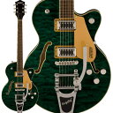 楽器種別：新品エレキギター/GRETSCH 商品一覧＞＞エレキギター/GRETSCH/Electromatic 商品一覧＞＞エレキギター【100，000円〜190，000円】 商品一覧＞＞当店のギターは、出荷前に専門スタッフが検品・調整しているので安心です！GRETSCH G5655T-QM Electromatic Center Block Jr. Single-Cut Quilted Maple with Bigsby (Mariana)商品説明GRETSCH Electromatic Collection美しいキルテッドメイプルトップ、バック、サイドを採用したチェンバードスプルースのセンターブロックを備えた小ぶりなボディが特徴で、ダイナミックなレゾナンス、ハイゲインパワー、軽量な快適性を実現しています。12インチラジアスのローレル指板には22本のミディアムジャンボフレットとNeo-Classicサムネイルインレイが施され、優れたプレイアビリティを提供します。2基のBlack Top Broad Tronハムバッカーを搭載し、大胆でダイナミック、かつ明瞭なトーンとパンチのあるサウンドが得られます。各ピックアップのボリュームコントロール、マスタートーン、マスターボリュームとトレブルブリード回路の組み合わせにより、フレキシブルなサウンド設計が可能です。グレッチのサウンド、スタイル、プレイアビリティに細心の注意を払って作られたこれらのモデルは、数十年にわたりグレッチを際立たせてきた、大胆不敵で存在感のあるサウンドを提供します。※画像はサンプルとなります。製品の特性上、杢目・色合いは1本1本異なります。商品詳細Body Material: Arched Laminated Maple Top / Arched Laminated Maple BackBody Finish: GlossNeck: Maple， Thin UNeck Finish: GlossFingerboard: Laurel， 12 (305 mm)Frets: 22， Medium JumboPosition Inlays: Pearloid Neo-Classic ThumbnailNut (Material/Width): Graph Tech NuBone， 1.6875 (42.86 mm)Tuning Machines: Die-CastScale Length: 24.6 (625 mm)Bridge: Anchored Adjusto-MaticPickguard: Gold Plexi with Black Gretsch and Electromatic LogosPickups: Black Top Broad Tron (Bridge，Neck)Pickup Switching: 3-Position Toggle: Position 1. Bridge PickupPosition 2. Bridge And Neck PickupsPosition 3. Neck PickupControls: Volume 1. (Neck Pickup)， Volume 2. (Bridge Pickup)， Master Volume， Master ToneControl Knobs: G-ArrowHardware Finish: NickelStrings: .010-.046 Gaugesギグケース付属イケベカテゴリ_ギター_エレキギター_GRETSCH_Electromatic_新品 JAN:0717669878474 登録日:2023/04/01 エレキギター グレッチ エレクトロマチック エレクトロマティック エレマチ