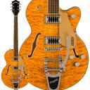 楽器種別：新品エレキギター/GRETSCH 商品一覧＞＞エレキギター/GRETSCH/Electromatic 商品一覧＞＞エレキギター【100，000円〜190，000円】 商品一覧＞＞当店のギターは、出荷前に専門スタッフが検品・調整しているので安心です！GRETSCH G5655T-QM Electromatic Center Block Jr. Single-Cut Quilted Maple with Bigsby (Speyside)商品説明GRETSCH Electromatic Collection美しいキルテッドメイプルトップ、バック、サイドを採用したチェンバードスプルースのセンターブロックを備えた小ぶりなボディが特徴で、ダイナミックなレゾナンス、ハイゲインパワー、軽量な快適性を実現しています。12インチラジアスのローレル指板には22本のミディアムジャンボフレットとNeo-Classicサムネイルインレイが施され、優れたプレイアビリティを提供します。2基のBlack Top Broad Tronハムバッカーを搭載し、大胆でダイナミック、かつ明瞭なトーンとパンチのあるサウンドが得られます。各ピックアップのボリュームコントロール、マスタートーン、マスターボリュームとトレブルブリード回路の組み合わせにより、フレキシブルなサウンド設計が可能です。グレッチのサウンド、スタイル、プレイアビリティに細心の注意を払って作られたこれらのモデルは、数十年にわたりグレッチを際立たせてきた、大胆不敵で存在感のあるサウンドを提供します。※画像はサンプルとなります。製品の特性上、杢目・色合いは1本1本異なります。商品詳細Body Material: Arched Laminated Maple Top / Arched Laminated Maple BackBody Finish: GlossNeck: Maple， Thin UNeck Finish: GlossFingerboard: Laurel， 12 (305 mm)Frets: 22， Medium JumboPosition Inlays: Pearloid Neo-Classic ThumbnailNut (Material/Width): Graph Tech NuBone， 1.6875 (42.86 mm)Tuning Machines: Die-CastScale Length: 24.6 (625 mm)Bridge: Anchored Adjusto-MaticPickguard: Gold Plexi with Black Gretsch and Electromatic LogosPickups: Black Top Broad Tron (Bridge，Neck)Pickup Switching: 3-Position Toggle: Position 1. Bridge PickupPosition 2. Bridge And Neck PickupsPosition 3. Neck PickupControls: Volume 1. (Neck Pickup)， Volume 2. (Bridge Pickup)， Master Volume， Master ToneControl Knobs: G-ArrowHardware Finish: NickelStrings: .010-.046 Gaugesギグケース付属イケベカテゴリ_ギター_エレキギター_GRETSCH_Electromatic_新品 JAN:0717669878528 登録日:2023/04/01 エレキギター グレッチ エレクトロマチック エレクトロマティック エレマチ