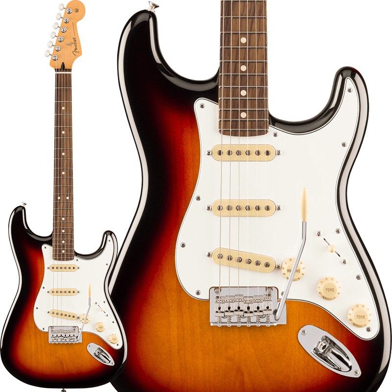 楽器種別：新品Fender MEX/Player 商品一覧＞＞Fender MEX/新品 商品一覧＞＞エレキギター【60，000円〜115，000円】 商品一覧＞＞STタイプ/Fender MEX 商品一覧＞＞当店のギターは、出荷前に専門スタッフが検品・調整しているので安心です！Fender MEX Player II Stratocaster (3-Color Sunburst/Rosewood)商品説明Player II SeriesPlayer IIシリーズは、フェンダーの伝統と進化を兼ね備え、フェンダーのDNAを持つアイコニックなサウンドとスタイルを提供します。現代のあらゆるプレイヤーのライブステージやスタジオワークに必要とされる汎用性の高い仕様を持ち、プレイヤーの演奏にインスピレーションを与える現代的なアップデートが施されています。また、本シリーズは、音楽に本気で取り組むプレイヤーも満足する製品ラインナップを取り揃え、これらを手頃な価格で実現しています。Player II Stratocasterは、時代を超越したフェンダーの魅力を放ちながらも、その中身は現代プレイヤー向けにデザインされています。Modern Cシェイプのネックバックにはシルキーなサテンウレタンフィニッシュが施されており、丁寧にロールオフされた指板エッジと22本のミディアムジャンボフレットを採用した9.5インチラジアスのスラブローズウッドまたはメイプル指板が、ネック全長にわたり快適なプレイアビリティを提供します。アルダーボディ、チェンバードアッシュボディ、チェンバードマホガニーボディのトーンウッドオプションが用意されたPlayer II Stratocasterは、伝統的なフェンダーフィニッシュ、またはフェンダーのカラーアーカイブから発掘され、本シリーズで初採用となる新フィニッシュなど、幅広いカラーの選択肢をご用意しています。Player Series Alnico V Single-Coil Stratピックアップからはクリスタルのように澄み渡ったハイエンド、音楽的なミッドレンジ、そしてタイトなローエンドが得られます。5ウェイブレードスイッチにより、多彩なサウンド設計が可能です。2点支持トレモロと、ClassicGearチューニングマシンによりチューニングの安定性とより豊かな表現力が確保され、無限のサウンドの可能性を追求できる柔軟性を備えています。Player IIシリーズ製品は、フェンダーならではのルックス、トーン、フィーリングを備え、自分だけの個性的なサウンドを作り上げるのに最適な仕様でまとめ上げられています。※画像はサンプルです。製品の特性上、杢目、色合は個体ごとに異なります。商品詳細Body Material: AlderBody Finish: Gloss PolyesterNeck: Maple， Modern CNeck Finish: Satin Urethane Finish on Back of Neck with Gloss Urethane Headstock Face or Satin Urethane Finish on Back， Gloss Urethane Finish on Front Fingerboard: Maple or Slab Rosewood， 9.5 (241 mm)Frets: 22， Medium JumboPosition Inlays: Black Dot (Maple)， White Dot (Slab Rosewood)Nut (Material/Width): Synthetic Bone， 1.650 (42 mm)Tuning Machines: Fender ClassicGearScale Length: 25.5 (64.77 cm)Bridge: 2-Point Synchronized Tremolo with Bent Steel SaddlesPickguard: 3-Ply Black/White/Black or 3-Ply ParchmentPickups:Player Series Alnico 5 Strat Single-Coil (Bridge)Player Series Alnico 5 Strat Single-Coil (Middle)Player Series Alnico 5 Strat Single-Coil (Neck)Pickup Switching: 5-Position Blade:Position 1. Bridge PickupPosition 2. Bridge and Middle PickupPosition 3. Middle PickupPosition 4. Middle and Neck PickupPosition 5. Neck PickupControls: Master Volume， Tone 1. (Neck/Middle Pickups)， Tone 2. (Bridge Pickup)Control Knobs: Aged White PlasticHardware Finish: Nickel/ChromeStrings: Fender USA 250L Nickel Plated Steel (.009-.042 Gauges)， PN 0730250403ソフトケース付属イケベカテゴリ_エレキギター_STタイプ_Fender MEX_Player_新品 SW_Fender MEX_新品 JAN:0885978098552 登録日:2024/07/08 エレキギター フェンダー ふぇんだー フェンダーMEX フェンダーメキシコ