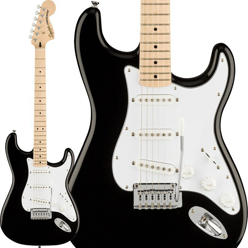 楽器種別：新品エレキギター/Squier by Fender 商品一覧＞＞エレキギター/Squier by Fender/Stratocaster 商品一覧＞＞エレキギター【20，000円〜45，000円】 商品一覧＞＞当店のギターは、出荷前に専門スタッフが検品・調整しているので安心です！Squier by Fender Affinity Series Stratocaster (Black/Maple)商品説明Squier Affinity Series Stratocasterは、伝統的なFenderファミリーへの入り口として、伝説的なデザインと典型的なトーンを備えたギターです。このStratocasterは、薄くて軽量なボディ、スリムで快適なCシェイプネック、優れたアーミング奏法をサポートする2点支持トレモロブリッジ、スムーズで正確なチューニングを提供するスプリットシャフト付きシールドダイキャストチューニングマシンなど、プレイヤーフレンドリーな洗練された機能を備えています。ジャンルを超えたサウンドバリエーションを実現する5ウェイスイッチングのSquier Single-Coil Stratocasterピックアップを3基搭載し、あらゆるステージであらゆるプレイヤーに寄り添うことができるモデルです。※画像はサンプルです。製品の特性上、杢目、色合いは一本一本異なります。商品詳細Series: Affinity SeriesBody Material: PoplarBody Finish: Gloss PolyurethaneNeck: Maple， C ShapeNeck Finish: Satin Urethane with Gloss Urethane Headstock FaceFingerboard: Indian Laurel or Maple， 9.5 (241 mm)Frets: 21， Medium JumboPosition Inlays: Black Dot (Maple)， Pearloid Dot (Indian Laurel)， Pearloid Dot (Maple)Nut (Material/Width): Synthetic Bone， 1.650 (42 mm)Tuning Machines: Sealed Die-Cast with Split ShaftsScale Length: 25.5 (648 mm)Bridge: 2-Point Synchronized Tremolo with Block SaddlesPickguard: 3-Ply Black (502)， 3-Ply Mint Green (542)， 3-Ply White (500， 505， 506)， 4-ply BlackPearloid (506)， 4-Ply Tortoiseshell (506)， 4-Ply White Pearloid (557， 580)Pickups: Ceramic Single-Coil (Bridge)， Ceramic Single-Coil (Middle)， Ceramic Single-Coil (Neck)Pickup Switching: 5-Position Blade: Position 1. Bridge Pickup Position 2. Bridge and Middle Pickup Position3. Middle Pickup Position 4. Middle and Neck Pickup Position 5. Neck PickupControls: Master Volume， Tone 1. (Neck/Middle Pickups)， Tone 2. (Bridge Pickup)Control Knobs: Black Plastic (502， 506)， White Plastic (500， 505， 506， 557， 580， 542)Hardware Finish: ChromeStrings: Nickel Plated Steel (.009-.042 Gauges)ソフトケース付属イケベカテゴリ_ギター_エレキギター_Squier by Fender_Stratocaster_新品 JAN:0885978722716 登録日:2021/09/12 エレキギター スクワイヤー スクワイアー フェンダー ストラト ストラトキャスター