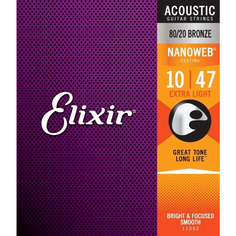 楽器種別：新品ELIXIR/新品 商品一覧＞＞楽器アクセサリ【〜5，000円】 商品一覧＞＞弦/アコギ弦/ELIXIR 商品一覧＞＞品揃え豊富な当店なら弦、パーツ、ケーブルなどのアクセサリーがまとめて揃います！ELIXIR Acoustic 80/20 Bronze with NANOWEB Coating #11002 (Extra Light/10-47)商品説明Acoustic Guitar Strings with ultra-thin NANOWEB coating 超極薄ナノウェブコーティングを施したエリクサーは、高音質が従来の弦に比べると 3倍〜5倍は長持ちし、コーティング無しの弦の様なブライトで迫力のあるサウンドを実現。程良く押さえられたフィンガーノイズも魅力です。80/20ブロンズ NANOWEBコーティングは、バランスがよく、生き生きとした音質と長寿命を提供する、エリクサーの代表的なアコギ弦です。・巻き弦をすっぽりと覆う唯一のコーティング技術が、巻き線の隙間に汚れが入り込むのを防ぐ・他のコーティング／ノンコーティング弦と比べて高音質・長寿命・弾きたいと思った時にいつでも演奏が可能・滑らかな弾き心地で演奏性が向上・フィンガーノイズが減り、ライヴ、レコーディングのどちらにも最適・耐腐食加工を施したAnti-Rustプレーン弦を採用し、1セットすべての弦で長寿命を実現・交換の頻度が減り、その分演奏に集中できる商品詳細■ゲージ： Extra Light 010 014 023w 030w 039w 047wイケベカテゴリ_楽器アクセサリ_弦_アコギ弦_ELIXIR_新品 SW_ELIXIR_新品 JAN:0733132110025 登録日:2009/09/29 アコギ弦 アコースティック弦 エリクサー