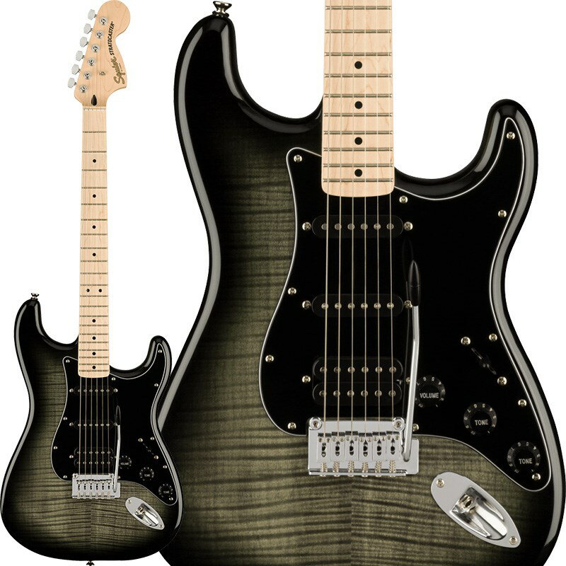 楽器種別：新品エレキギター/Squier by Fender 商品一覧＞＞エレキギター/Squier by Fender/Stratocaster 商品一覧＞＞エレキギター【25，000円〜55，000円】 商品一覧＞＞当店のギターは、出荷前に専門スタッフが検品・調整しているので安心です！Squier by Fender Affinity Series Stratocaster FMT HSS (Black Burst/Maple)商品説明Squier Affinity Series Stratocaster FMT HSSは、伝統的なFenderファミリーへの入り口として、伝説的なデザインと典型的なトーンを備えたギターです。このStratocaster HHは、薄くて軽量なボディに目を引くフレイムメイプルトップ（FMT）、スリムで快適なCシェイプネック、優れたアーミング奏法をサポートする2点支持トレモロブリッジ、スムーズで正確なチューニングを提供するスプリットシャフト付きシールドダイキャストチューニングマシンなど、プレイヤーフレンドリーな洗練された機能を備えています。ブリッジにはSquierのハムバッキングピックアップ、ネックとミドルにはSingle-Coilピックアップを搭載し、ジャンルを超えた多彩なサウンドを実現しています。※製品の特性上、杢目・色合いは1本1本異なります。Series: Affinity SeriesBody Material: PoplarBody Finish: Gloss PolyurethaneNeck: Maple， C ShapeNeck Finish: Satin Urethane with Gloss Urethane Headstock FaceFingerboard: Maple， 9.5 (241 mm)Frets: 21， Medium JumboPosition Inlays: Black Dot (Maple)Nut (Material/Width): Synthetic Bone， 1.650 (42 mm)Tuning Machines: Sealed Die-Cast with Split ShaftsScale Length: 25.5 (648 mm)Bridge: 2-Point Synchronized Tremolo with Block SaddlesPickguard: 3-Ply Black (539)， 3-Ply White (547)Pickups: Ceramic Humbucker (Bridge)， Ceramic Single-Coil (Middle)， Ceramic Single-Coil (Neck)Pickup Switching: 5-Position Blade: Position 1. Bridge Pickup Position 2. Bridge and Middle Pickup Position3. Middle Pickup Position 4. Middle and Neck Pickup Position 5. Neck PickupControls: Master Volume， Tone 1. (Neck/Middle Pickups)， Tone 2. (Bridge Pickup)Control Knobs: Black Plastic (539)， White Plastic (547)Hardware Finish: ChromeStrings: Nickel Plated Steel (.009-.042 Gauges)ソフトケース付属イケベカテゴリ_ギター_エレキギター_Squier by Fender_Stratocaster_新品 JAN:0885978723430 登録日:2021/09/12 エレキギター スクワイヤー スクワイアー フェンダー ストラト ストラトキャスター