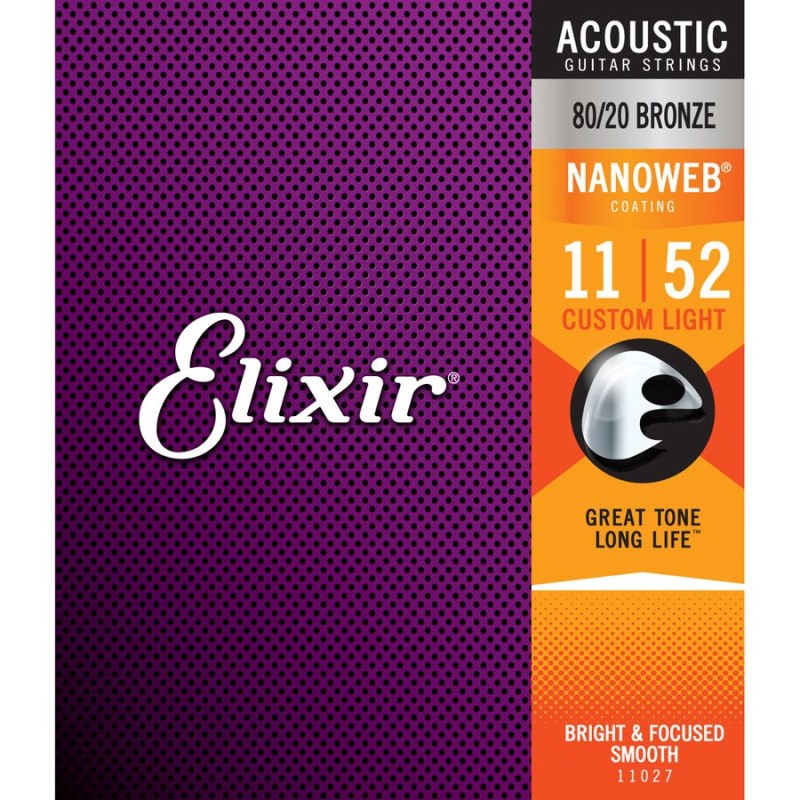 楽器種別：新品アコースティックギター弦/ELIXIR 商品一覧＞＞アコースティックギター弦【〜5，000円】 商品一覧＞＞品揃え豊富な当店なら弦、パーツ、ケーブルなどのアクセサリーがまとめて揃います！ELIXIR Acoustic 80/20 Bronze with NANOWEB Coating #11027 (Custom Light/11-52)商品説明Acoustic Guitar Strings with ultra-thin NANOWEB coating 超極薄ナノウェブコーティングを施したエリクサーは、高音質が従来の弦に比べると 3倍〜5倍は長持ちし、コーティング無しの弦の様なブライトで迫力のあるサウンドを実現。程良く押さえられたフィンガーノイズも魅力です。80/20ブロンズ NANOWEBコーティングは、バランスがよく、生き生きとした音質と長寿命を提供する、エリクサーの代表的なアコギ弦です。・巻き弦をすっぽりと覆う唯一のコーティング技術が、巻き線の隙間に汚れが入り込むのを防ぐ・他のコーティング／ノンコーティング弦と比べて高音質・長寿命・弾きたいと思った時にいつでも演奏が可能・滑らかな弾き心地で演奏性が向上・フィンガーノイズが減り、ライヴ、レコーディングのどちらにも最適・耐腐食加工を施したAnti-Rustプレーン弦を採用し、1セットすべての弦で長寿命を実現・交換の頻度が減り、その分演奏に集中できる商品詳細■ゲージ： Custom Light 011 015 022w 032w 042w 052wイケベカテゴリ_弦・アクセサリー・パーツ類_アコースティックギター弦_ELIXIR_新品 JAN:0733132110278 登録日:2009/09/29 アコギ弦 アコースティック弦 エリクサー