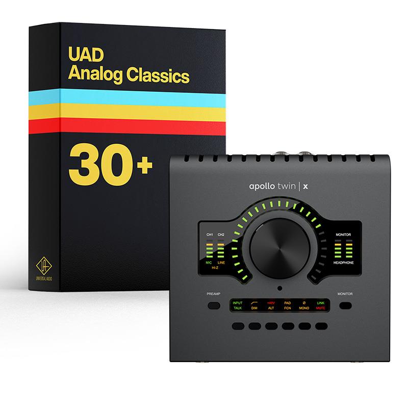 楽器種別：新品Universal Audio/新品 商品一覧＞＞DTM【105，000円〜205，000円】 商品一覧＞＞オーディオインターフェイス/Thunderbolt/Universal Audio 商品一覧＞＞DTM（DAWソフト/オーディオインターフェイス等）関連機器担当部門 パワーレックは専門スタッフに気軽に相談できる渋谷発のDTM専門フロアです。Universal Audio [完全台数限定品・リミテッドカラー] Apollo Twin X DUO Gen2 Black Edition with UAD Analog Classics - Thunderboltオーディオインターフェイス ユニバーサルオーディオ UniversalAud...商品説明★限定カラー「Black Edition」を採用したThunderboltオーディオインターフェイス。24bit／192kHz対応コンバーターと2基のUnisonマイクプリアンプ、DUO Core DSPを搭載し、名機のアナログサウンドをリアルタイムで再現します。オートゲインやSonarworks対応のモニター補正機能を備え、録音からミックスまで高品位な音楽制作をサポート。30種類以上のUADプラグインも付属します。【製品の特長】★限定版「Black Edition」Thunderboltオーディオインターフェイス2基のUnisonマイクプリアンプ、エリートクラスのApollo X Gen 2 オーディオコンバージョン、オートゲイン、Apolloモニターコレクション、ベースマネージメント、DUOコアDSPプラグイン処理、およびMacまたはWindows用のプレミアムソフトウェアスイートを備えたデスクトップ「Black Edition」 10 x 6 Thunderboltオーディオインターフェイス。●伝説のサウンドを出すのに着飾る必要はない。次世代のUA Apollo Twin Xインターフェースで、録音のあらゆるディテールを体感。最高解像度のオーディオ変換、デュアルUnisonマイクプリアンプ、DUO Core DSP処理を搭載し、Auto-Tune、Neve、API Manley、SSLなど数百もの世界最高峰のUADプラグインを通してリアルタイム録音が可能。限定版のステルスブラックカラーで登場したApollo Twin Xは、伝説的なUAのクラフトマンシップと時代を超越したアナログトーンをあなたのデスクトップにもたらします。ダークサイドへようこそ！・限定版「Black Edition」を手に入れて、スタジオで注目を集めること間違いなしのUAの最も象徴的なデスクトップApolloをエンジョイ・Apolloの中で最も広いダイナミックレンジと最小の歪みで次世代のオーディオコンバージョンを体感・Unisonプリアンプでアナログトーンを体験。Neve、API、Avalon、Manley、Fenderなどの本格的なエミュレーションを通したリアルタイム録音を実現・Capitol Chambers、UAD Sound City Studios、EL8 Distressorなどの受賞歴に輝くタイトルを含む、200種類以上のApollo DSPおよびUAD Nativeプラグインの全ライブラリにアクセス・SonarworksによるApolloモニターコレクション機能を使用し、あらゆる部屋でヘッドフォンを使用した確実なミックスを実現・オートゲイン機能を使用して、複数の入力にレベルを一瞬で設定することができ、テイクの録り逃しを解決・ベースマネジメント機能を使用してモニターセットアップにサブウーファーを追加、ミックス時の低音のディテールを余すことなく体感・UAD Consoleアプリを使用して、低レイテンシーのキュー、プラグインシーン、イマーシブオーディオモニタリングをすばやくセットアップ・UAD Analog Classicsには数千ドル相当のソフトウェアが付属しています。さらに、ご購入いただくと、さらに多くのUADプラグインを特別アップグレード価格でエンジョイ●デスクトップに、かつてなくベストなApolloをゲットUniversal Audio は、何十年にもわたり世界のトップアーティストが使用してきたサウンドを求める次世代の音楽プロデューサー達のためにApollo Twin Xを開発しました。前例のないダイナミックレンジとエリートクラスの 24 ビット / 192 kHz オーディオコンバージョン (強化されたモニタリング機能も搭載) を備えたApollo Twin Xは、スター級のサウンドをスタジオに持ち込み、あなたのクリエイティブな道を歩む足になる準備万端です。●世界的に有名なプリアンプで録音を2基のUnisonプリアンプとフロントパネルのHi-Zインストゥルメント入力を備えたApollo Twin Xは、Neve、Manley、APIをはじめとする数十ものクラシックな機材のエミュレーションを通してリアルタイムでトラッキングでき、現代最高のレコーディングで使用されたものと同様のリッチなアナログサウンドを実現します。●本物のアナログサウンドを解き放つApollo Twin Xは、開封後すぐに世界最高のエンジニアが使用するプラグインを提供します。付属のTeletronix LA-2Aおよび1176コンプレッサー、UA 610、Century、LA-6176チューブチャンネルストリップ、さらにShowtime '64やLion '68などのUADギターアンプに加え、200タイトル以上を擁するUADライブラリ全体を活用して、実績のあるヒットサウンドを解き放つことができます。●これまでになく充実したディテールを確認Apollo Twin Xに進化したApollo Twin Xは、UAの最高解像度のA/DおよびD/Aコンバーターと、Sonarworksを搭載したマルチチャンネルイマーシブ対応のApolloモニターコレクション機能を組み合わせています。そのため、録音の最も純粋な表現を検証できるだけでなく、最終ミックスやマスタリングをステレオやサラウンドシステムで聴いても違和感を感じることはありません。●UAD Consoleアプリで作業の流れを確認コンソールがワークフローの中心となるアナログスタジオと同様に、Apollo Twin Xにはプラグインのルーティングとモニタリングをコントロールする強力なデジタルミキシングエンジンを搭載。また、オートゲイン、ベースマネージメント機能、プラグインシーンなどの最新機能により、ニーズに合った作業工程を簡単に見つけることができます。 ●あなたのミッションに応じて開発されたハイブリッドシステムApollo Twin X搭載のDUO Core DSPとホストコンピューターのネイティブプロセッシングを組み合わせることで、複雑なプラグインチェーンを使用した大規模なセッションを作成、これにより、ネイティブのみのレコーディングセットアップを上回る強力なハイブリッドワークフローが実現します。●あなたの飛躍に合わせたスタジオの拡張を最大4台のThunderbolt ApolloインターフェイスをDAWに接続し、最大128チャンネルのプレミアムI/Oを備えたスタジオを構築しましょう。Apollo Twin Xを活用することにより、デスクトップからすべてをコントロールできます。音楽制作がどこへ向かおうとも、Apolloはいつでもあなたの手の届くところにあります。【製品の仕様】・DUO Core DSPプラグインプロセッシングを備えた10 x 6 Thunderboltオーディオインターフェイス・Unisonマイクプリアンプ2基、Hi-Z楽器入力、光Toslinkデジタル入力（ADATまたはS/PDIF）・2系統の1/4インチモニター出力、2系統の1/4インチライン出力(ALT)、1系統の1/4インチTRSヘッドフォン出力・24ビット / 192kHzの解像度を備えたエリートクラスのApollo X Gen 2コンバーター・129dBのダイナミックレンジを備え、クリティカルなモニタリングとプレイバックのために強化されたD/A・Sonarworks搭載のApollo Monitor Correctionを使用して、メインモニターとヘッドホン出力をキャリブレーションします。・演奏者とのコミュニケーションを容易にするオルタネートスピーカースイッチングと統合トークバックを備えたフル機能のモニターコントローラー・オートゲイン、プラグインシーン、ベースマネージメントに統合されたサブウーファー、そしてイマーシブオーディオのサポート、などを備えたUADコンソールアプリのアップデート・内蔵DSPは、すべての主要なDAWのためのVST、AU、AAX 64フォーマットを介し200以上のUADプラグインをサポート・UAD Analog Classicsを含む30種類以上のUADプラグインが付属・UAD Unison Preamp Collection、UAD Analog Classics Pro、UAD Ultimate、UAD Completeなどのオプションのアップグレードバンドルを追加することで、さらに多くの機能を追加。・LUNA、Logic Pro、Pro Tools、Cubase、Ableton Liveなどに対応・Thunderbolt Apolloインターフェイスまたは一部のモデルでDante経由で拡張可能・知識豊富なオーディオエンジニア達による無料の業界最高水準のテクニカルサポート・限定カラー「Black Edition」#オーディオインターフェース#オーディオインターフェイス商品詳細★UAD Analog ClassicsUAD Analog Classics には、30種を超える UAD プラグインがバンドルされています。●チャンネル・ストリップ／プリアンプ（6）Century Tube Channel StripCS-1 Channel StripLA-6176 Signature Channel StripPrecision Channel StripUA 610-A Preamp & EQUA 610-B Preamp & EQ●コンプレッサー／リミッター（7）Fairchild 670 Legacy CompressorTeletronix LA-2A Legacy Leveling AmplifierTeletronix LA-2A Tube CompressorPrecision Buss CompressorUA 1176 FET CompressorUA 1176LN LegacyUA 1176SE Legacy●イコライザー（3）Precision EqualizerPultec EQP-1A Legacy EQPultec Pro Legacy EQ●スペシャル・プロセッシング（5）Oxide Tape RecorderPrecision De-EsserPrecision Enhancer HzPrecision Enhancer kHzVibe Analog Machines Essentials●インストゥルメンツ（1）PolyMAX Polyphonic Synth●ディレイ & モジュレーション（3）Galaxy Tape EchoPrecision Delay ModPrecision Delay Mod L●リバーブ & ルーム（2）Precision Reflection EnginePure Plate Reverb●マスタリング（3）Precision LimiterPrecision MaximizerPrecision Multiband●ギター & ベース（5）Bermuda TriangleRaw DistortionTS Overdrive PedalUAD Lion ’68 Super Lead AmpUAD Showtime ’64 Tube Ampイケベカテゴリ_DTM_オーディオインターフェイス_Thunderbolt_Universal Audio_新品 SW_Universal Audio_新品 JAN:4530027174515 登録日:2026/10/21 インターフェイス インターフェース オーディオインターフェース オーディオインターフェイス サウンドカード ユニバーサルオーディオ ユニヴァーサルオーディオ