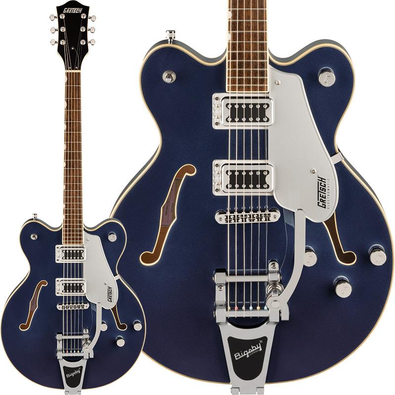 楽器種別：アウトレットGRETSCH/Electromatic 商品一覧＞＞GRETSCH/アウトレット 商品一覧＞＞エレキギター【65，000円〜135，000円】 商品一覧＞＞セミアコ/GRETSCH 商品一覧＞＞当店のギターは、出荷前に専門スタッフが検品・調整しているので安心です！GRETSCH G5622T Electromatic Center Block Double-Cut with Bigsby (Midnight Sapphire/Laurel) 【特価】商品説明新品チョイキズ超特価！Electromatic SeriesElectromatic Center Blockギターは、ピュアでパワフルなグレッチサウンドを大音量で存分にお楽しみいただけるモデルです。G5622T Electromatic Center Block with Bigsbyは、ダブルカッタウェイのメイプルボディに、ダイナミックなレゾナンス、ハイゲインパワー、軽量で優れた弾き心地を実現するチェンバードスプルースをセンターブロックに採用しています。2基のBlack Top Broad'Tronハムバッカーはダイナミックで明瞭なトーンとともにキメの細かいハイエンドを奏で、サウンドにパンチを与えます。トレブルブリード回路付きマスターボリューム、マスタートーン、ブリッジとネックピックアップの独自ボリュームコントロール、3ポジションのピックアップトグルスイッチといったコントロール類により、そのパワフルなサウンドをフレキシブルにデザインすることができます。その他、固定式Adjusto-Maticブリッジ、Bigsby B70ヴィブラートテイルピース、Graph Tech NuBoneナット、Gアローノブなどの特徴を備えています。G5622Tは全モデル、エイジドホワイトカラーのボディバインディングにマルチプライのパーフリング、ニッケルハードウェアを採用しています。※画像はサンプルです。製品の特性上、杢目、色合いは個体ごとに異なります。商品詳細Series: ElectromaticBody Material: Laminated MapleBody Finish: GlossNeck: Maple， Thin UNeck Finish: GlossFingerboard: Laurel， 12 (305 mm)Frets: 22， Medium JumboPosition Inlays: Pearloid Neo-Classic ThumbnailNut (Material/Width): Graph Tech NuBone， 1.685 (42.8 mm)Tuning Machines: Die-Cast SealedScale Length: 24.6 (625 mm)Bridge: Anchored Adjusto-MaticPickguard: Gold Plexi with Black Gretsch Logo or Silver Plexi with Black Gretsch LogoPickups: Black Top Broad’Tron (Bridge & Neck)Pickup Switching: 3-Position Toggle:Position 1. Bridge PickupPosition 2. Bridge and　Neck PickupsPosition 3. Neck PickupControls: Volume 1. (Neck Pickup)， Volume 2. (Bridge Pickup)， Master Volume， Master ToneControl Knobs: G-ArrowHardware Finish: NickelStrings: Nickel Plated Steel (.010-.046 Gauges)ギグケース付属イケベカテゴリ_エレキギター_セミアコ_GRETSCH_Electromatic_アウトレット SW_GRETSCH_アウトレット JAN:2500010156509 登録日:2026/06/24 エレキギター グレッチ エレクトロマチック エレクトロマティック エレマチ