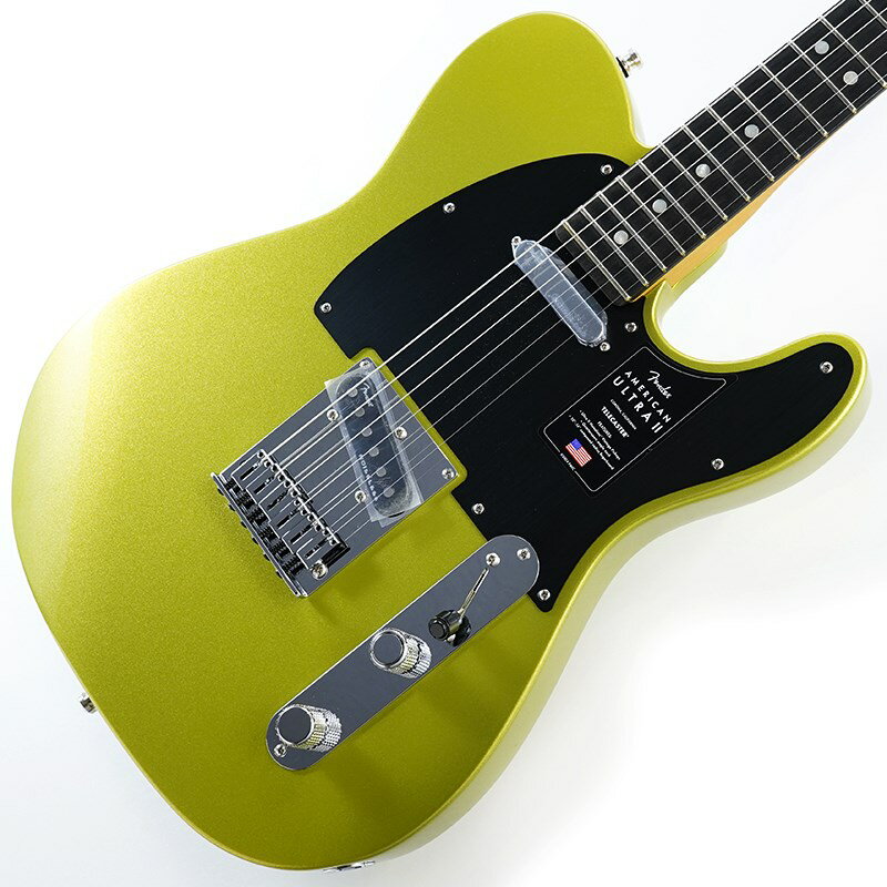 楽器種別：新品Fender USA/American Ultra 商品一覧＞＞Fender USA/新品 商品一覧＞＞エレキギター【205，000円〜390，000円】 商品一覧＞＞TLタイプ/Fender USA 商品一覧＞＞当店のギターは、出荷前に専門スタッフが検品・調整しているので安心です！Fender USA American Ultra II Telecaster (Solar Flare/Ebony)商品説明Fender USA American Ultra II Series最高かつ最新の性能を求めるプレイヤーのために開発されたAmerican Ultra IIは、フェンダーの最も先進的な製品シリーズです。American Ultra IIのギターとベースは、プレミアムな素材、精巧なクラフトマンシップ、そして最先鋭のデザインを特徴としています。常に進化しながらも、長く使用できる品質を持ち、楽器の最先端を駆け抜け続ける製品をラインナップしています。American Ultra II Telecasterは、厳選されたアルダーボディに深めのボディコンターが施されています。クォーターソーンメイプルネックはModern Dネックシェイプで、ネックバックは触り心地の良いUltra Satinフィニッシュで仕上げられています。10-14インチコンパウンドラジアのエボニーまたはクォーターソーンメイプル指板は、エッジを丁寧にロールオフ処理したUltraロールドエッジが採用されており、ミディアムジャンボフレット、蓄光式Luminlayサイドドット、Graph Tech TUSQナットを装備しています。テーパードネックヒールと深いボディコンターにより、ハイポジションへの容易なアクセスが可能です。American Ultra II Telecasterは、Ultra II Noiseless Vintage Teleピックアップを装備し、甘いクリスタルのように澄み渡ったクリーンから歯切れの良いトゥワングトーン、ファットでパワフルなサウンドまで、ハムノイズとは無縁の極上のトーンを提供します。特許取得済みのS-1スイッチは、ピックアップのシリーズ配線を有効にし、サウンドのバリエーションをさらに広げます。6つのクロムフィニッシュブラスサドルを備えたストリングスルーボディブリッジ、デラックスロッキングチューニングマシン、アルミ製ナールドノブ、1-plyアノダイズドアルミピックガードなど、高い実用性を誇る機能を搭載しています。フェンダーの象徴的なスタイリングと先進的な仕様を融合させたAmerican Ultra IIは、プレイヤーの演奏体験を新たな高みへと導きます。プレイヤーが求める完璧なトーン、無限の汎用性、そして究極のパフォーマンスをAmerican Ultra IIが実現します。※画像はサンプルです。製品の特性上、杢目、色合は個体ごとに異なります。商品詳細Body Material: Select AlderBody Finish: Gloss UrethaneNeck: Quartersawn Maple， Modern DNeck Finish: Ultra Satin UrethaneFingerboard: Ebony or Quartersawn Maple， 10 to 14 Compound Radius (254 mm to 355.6 mm)Frets: 22， Medium JumboPosition Inlays: Black Pearloid Dot - 7 mm (Quartersawn Maple)， White Pearloid Dot - 7mm (Ebony)Nut (Material/Width): Graph Tech TUSQ， 1.685 (42.8 mm)Tuning Machines: Deluxe Cast/Sealed Locking (all short posts)Scale Length: 25.5 (64.77 cm)Bridge: 6-Saddle String-Through-Body Hardtail with Chromed Brass SaddlesPickguard: 1-Ply Black Anodized Aluminum or 1-Ply Gold Anodized Aluminum or 1-Ply Silver Anodized AluminumPickups:Ultra II Noiseless Vintage Tele (Bridge)Ultra II Noiseless Vintage Tele (Neck)Pickup Switching: 3-Position Blade:Position 1. Bridge PickupPosition 2. Bridge and Neck PickupsPosition 3. Neck PickupSpecial Electronics: S-1 Switch Activates Series Wiring Option in Middle Pickup PositionControls: Master Volume (S-1 Switch)， Master ToneControl Knobs: Heavy Knurled Flat-TopHardware Finish: Nickel/ChromeStrings: Fender USA 250L Nickel Plated Steel (.009-.042 Gauges)， PN 0730250403Case/Gig Bag: Deluxe Molded Case (Included)イケベカテゴリ_エレキギター_TLタイプ_Fender USA_American Ultra_新品 SW_Fender USA_新品 JAN:0885978085828 登録日:2024/10/29 エレキギター フェンダー ふぇんだー フェンダーUSA アメリカンウルトラ アメトラ