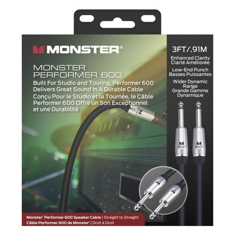 楽器種別：新品スピーカーケーブル/MONSTER CABLE 商品一覧＞＞スピーカーケーブル【〜10，000円】 商品一覧＞＞安心してお買い物頂けるよう、ミニアンプもコンボアンプも丁寧梱包でお届けします！MONSTER CABLE PERFORMER 600 SPEAKER P600-S-3商品説明Monster’s Performer600スピーカーケーブルは正確且つ透明感のあるサウンドを再生するために設計されたケーブルです。特許取得済みのMonsterテクノロジーを利用して比類のないサウンドの明快さと深さを提供します。高密度の高い編組シールドとツイストペア設計で作られたPerformer600スピーカーケーブルは非常に静かでノイズがありません。ストレインリリーフ付きのPerformer600スピーカーケーブルのカスタムヘビーデューティープラグは、最高の信号転送と信頼性の高い接続を保証します。イケベカテゴリ_アンプ_スピーカーケーブル_MONSTER CABLE_新品 JAN:0741835113137 登録日:2020/12/01 スピーカーケーブル モンスター モンスターケーブル