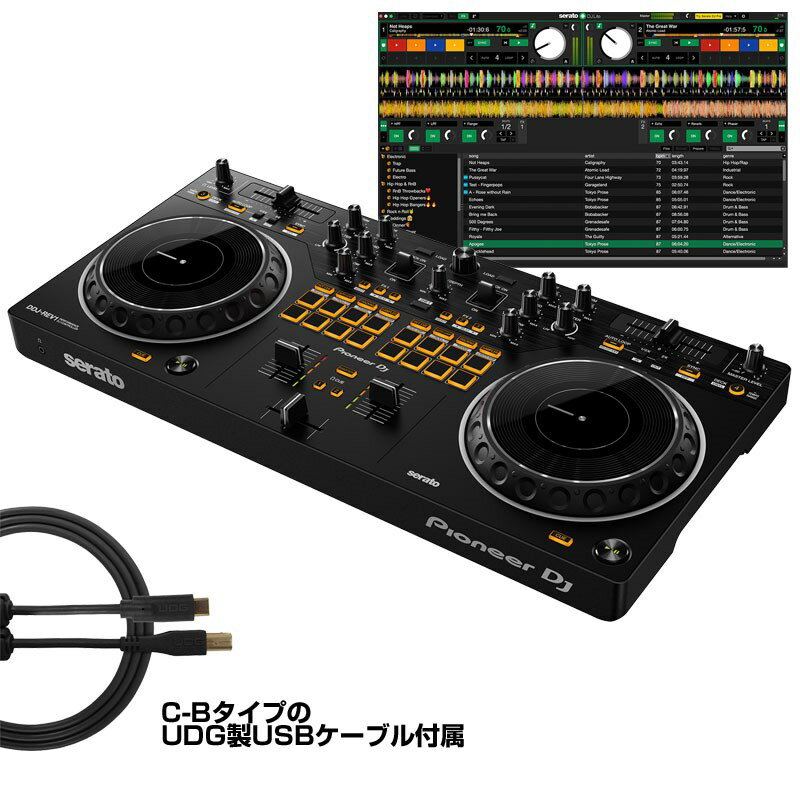 楽器種別：新品デジタルDJ/Pioneer DJ 商品一覧＞＞デジタルDJ【25，000円〜50，000円】 商品一覧＞＞DJ機器買うなら、当店で！専門スタッフが迅速丁寧に対応します！Pioneer DJ DDJ-REV1 (ご購入特典：UDG Ultimate USB2.0ケーブル C-B ストレート 1.5mプレゼント)(チュートリアル機能搭載)商品説明※こちらのセットにはUltimate USB2.0ケーブル C-B Straight 1.5mが付属します。USBケーブルのカラーは予告なく変更となる場合がございますのであらかじめご了承ください。---★Serato DJ Lite対応 スクラッチスタイル 2ch DJコントローラープロフェッショナル仕様のレイアウトで、バトルDJのような本格的なスクラッチやクイックミックスを楽しむことができます。DDJ-REVシリーズは「DJM-Sシリーズ」ミキサーと「PLXシリーズ」ターンテーブルを組み合わせたレイアウトとなっており、TEMPO SLIDERは縦置きしたターンテーブルと同じようにデッキ上部に水平に配置、ミキサー部にはPERFORMANCE PADSとLEVER FXを搭載しています。■主な特徴●スクラッチとクイックミックスに最適なレイアウトDJコントローラーとしては初めて、TEMPO SLIDERがデッキ上部に水平に配置されました。またPERFORMANCE PADSとLEVER FXがミキサー部に搭載され、エフェクトやSAMPLER、スクラッチやクイックミックスの操作が容易になりました。●より大きくなったジョグDDJ-SB3と比較して約16％直径が大きい大型のジョグを採用。スクラッチの動作がより快適になりました。●LEVER FXの搭載ミキサーセクションにLEVER FXが搭載され、レバーのオン/オフ操作だけで直感的かつダイナミックにSerato DJ Liteのエフェクトを加えることができます。●本格的なスクラッチ演奏を手助けする、TRACKING SCRATCH機能TRACKING SCRATCH機能を使用することで、スクラッチの経験があまりなくても、手軽に本格的なスクラッチを楽しむことができます。スクラッチの頭出しの位置にHOT CUEを設定することで、ジョグの折り返し動作時やジョグから手を離した瞬間に自動的にスクラッチの頭出しの位置に楽曲が戻るため、頭出しの位置の心配をすることなくスクラッチが楽しめます。●ストリーミング配信に便利な、マイク音声をミックスしたマスター音声の出力マイク音声をマスター音声にミックスしてSerato DJ Liteに送ることができます。サウンドカードやミキサーなどの外部機器を介さずに、本機に直接入力したマイク音声をマスター音声と一緒にストリーミング配信することができます。●Serato DJ Liteのプラグ＆プレイ対応本機は、Serato DJ Liteの最新バージョン（無償）がインストールされたPC/Macに直接接続することで、すぐにDJプレイが始めることができます。また、Serato DJ Proで好評だったSCRATCH BANK機能がSerato DJ Liteでも使えるようになりました。直接パッドを操作するだけで、Seratoでアサインした4つのバンクからスクラッチサンプルを瞬時に呼び出して演奏することができます。■その他の特徴・DECK 3/4コントロールDECK切り替えボタンにより、4つのデッキでSerato DJ Liteを使用したDJプレイが可能。・Serato DJ Pro 無料トライアルより本格的なDJプレイを楽しむことができる「Serato DJ Pro」を無料でお試しいただけます (トライアル期間終了後は、有償版にアップグレードする必要があります)・オーディオドライバのインストール不要専用オーディオドライバをインストールする必要がありません。購入後、PCを接続するだけでプレイを始めることができます。■Specifications◎主な特長・対応ソフトウエアSerato DJ LiteSerato DJ Pro（有償）・システム要件Serato DJ Lite、Serato DJ Proの最新の動作環境はメーカーサイトにてご確認の上、お求め下さい。・付属品USBケーブル（A-Bタイプ）クイックスタートガイド◎主な仕様本体サイズ：幅526mm、高さ59.2mm、奥行き255.5mm本体質量：2.1 kgサウンドカード：24 bit/48 kHz再生周波数帯域：20 - 20000 HzS/N比：103 dB電源：USB Type-B bus powered◎パフォーマンス・コントロールチャンネル数：2DECKコントロール：4TRIMノブジョグサイズ：154 mmFilterSamplerHot Cues：4パッドモード：Hot Cue、Auto Loop、Tracking Scratch、Sampler、Trans、Scratch Bank、Manual Loop、Autoloop◎フェーダーChannel Fader Start、Crossfader Start、Crossfader Curve Adjust◎端子入力端子：1 MIC (1/4 inch TS Jack)出力端子：1 MASTER (RCA)、1 PHONES (3.5-mm stereo mini jack)USB：1 USB B端子※DJソフトウェアの最新動作環境はメーカーサイトもしくはメーカーサポートにてご確認の上、お求め下さい。※DJソフトウェアをご使用いただくにはインストーラのダウンロード時、およびオーサライズ時におきましてインターネット接続環境が必要です。DJソフトウェアおよびコントローラー本体の仕様・動作環境、および価格は、予告無く変更となる場合があります。※店頭、または通信販売にて売却後、敏速な削除は心掛けておりますが、web上から削除をする際どうしてもタイムラグが発生してしまいます。万が一商品が売切れてしまう場合もございますので予めご了承ください。イケベカテゴリ_DJ機器_デジタルDJ_Pioneer DJ_新品 JAN:4573201242440 登録日:2022/07/21 デジタルDJ PCDJ DJコントローラー パイオニア パイオニアDJ