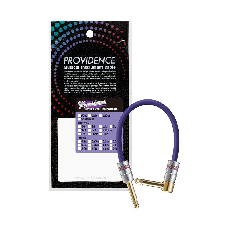 楽器種別：新品Providence/新品 商品一覧＞＞楽器アクセサリ【〜10，000円】 商品一覧＞＞シールドコード/パッチケーブル/Providence 商品一覧＞＞品揃え豊富な当店なら弦、パーツ、ケーブルなどのアクセサリーがまとめて揃います！Providence P203 The PATCH (75cm S/L)商品説明高性能化する機器に対応すべく進化したP203 世界のザ・パープルケーブルがリニューアル!!「高音質」「高い耐ノイズ性」「柔軟性」を兼ね備えた信頼のパープルケーブルに、特許取得済み世界最小級サイズのプラグを装備し、進化したThe PatchことP203パッチケーブルの登場です。高性能化した機器に対応し現代のサウンドを正確に伝達します。P203ケーブルの特長従来にはなかったパッチ専用として開発された革新的なケーブルです。独自の芯線構成NCS3 OFCと超過密編組シールド、加えて絶縁体に新素材を用いたハイブリッド構造との組み合わせにより、本来パッチケーブルに求められながらも困難とされていた、「高音質」「高い耐ノイズ性」、そして「柔軟性」という相反する性能の完全な両立を高い次元で実現したケーブルです。特に音質の劣化が懸念されがちなコンパクトエフェクターでの使用においてもその真価を発揮。広いレンジでオールラウンドなサウンドに対応します。新採用 NP-21/NP-21Lプラグの特長新モデルでは、現代の高性能化した機器に対応するため、ニッケルメッキのNP-21/ NP-21Lプラグを新たに採用し、現代のサウンドを正確に伝達します。ハンダタイプとしては世界最小級サイズのプラグは、できるだけコンパクトにまとめたいエフェクターボードの省スペース・軽量化に大きく貢献します。「プレイヤーがストレスなくプレイに専念できる」ことを念頭に開発された特許取得済みの「緩み防止」機能は、ライブや移動時などにおけるプラグシェルの「緩み」による不慮のトラブルを未然に防止します。信頼と安心のProvidenceオリジナル・プラグオリジナル・フォーンプラグ NPシリーズは、プラグ本体、シェルともに真鍮削り出しの日本製高品質プラグです。製造工程の多くで職人による手作業が必要とされる、まさにハンドクラフト的な製品として仕上げられています。 プラグシャフトはφ6.3mm。製品ごとのばら付きが少なく、ギターなど大多数の楽器で使用されているインチサイズ（1/4インチ）のジャックにジャストフィットすることで抜けにくく、プラグとジャックの接点が多いことで音質にも良い影響を与えます。 また、ストレートプラグは、旧来型の打ち込み式のものと違い、プラグのスリーブ部（マイナス極）と基部が一体となった一体構造のため負荷に強く、折り曲げなど破損しにくい構造となっています。※画像はサンプルとなります。実際の長さと異なる場合がございます。商品詳細【SPECIFICATIONS】・Providence with NCS3 OFC PATCH CABLE for Effects・Conductor Size : 0.25mm2・Construction(No./mm) : 50/0.08OFC・Diameter : 0.65mm・Inner Insulation Thickness : 1.18mm(±0.05)・Diameter : 3.00mm・Outer Insulation-Thickness : 0.25mm(±0.05)・Diameter : 3.50mm・Inner Jacket Thickness : 0.25mm・Diameter : 4.00mm・Shield Diameter : 4.50mm・Jacket Thickness : 0.75mm(±0.10)・Diameter : 6.00mm・Maximum conductor resistance(20?C) : 70.70≧(Ω/km)・Capacitance(1kHz) : Approx.70(pF/m)・Plug : NP-21およびNP-21L（L型プラグ）・日本製イケベカテゴリ_楽器アクセサリ_シールドコード_パッチケーブル_Providence_新品 SW_Providence_新品 JAN:4539587523412 登録日:2024/02/20 シールドコード ギターシールド シールド シールドケーブル ギターケーブル プロビデンス プロヴィデンス