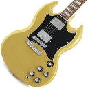 楽器種別：新品エレキギター/Gibson 商品一覧＞＞エレキギター/Gibson/SG Models 商品一覧＞＞エレキギター【135，000円〜255，000円】 商品一覧＞＞当店のギターは、出荷前に専門スタッフが検品・調整しているので安心です！Gibson SG Standard (TV Yellow)商品説明SG Standard Custom Color SeriesギブソンSG スタンダードは、多くの人に愛されている60年代後期スタイルのSGモデルのクラシックなルックスと特徴を備えています。カスタム・カラー・シリーズのラインナップとして登場したこのモデルには、ステージやギター・コレクションを盛り上げるエキサイティングなカラー・オプションが追加されています。プロファイルされたラウンド・マホガニー・ネック、バインディングが施されたローズウッド指板、ロング・テノン・19フレット・ネック・ジョイント、ソリッド・マホガニー・ボディが特徴で、まるで歌い上げるようなサスティーンを生み出す源泉となっており、搭載された490Rと490Tアルニコ2ピックアップはパワーをよりドライブさせます。ブラックの5プライ・フルフェイス・ピックガードが特徴的で、このSG スタンダードは他のモデルとは一線を画しています。※画像はサンプルです。製品の特性上、杢目、色合は個体ごとに異なります。商品詳細BodyMaterial: MahoganyNeckNeck: MahoganyProfile: RoundedFingerboard: Indian RosewoodScale length: 24.75 / 628.65mmNumber of frets: 22Nut: Graph TechNut width: 1.695 / 43.05mmInlay: Acrylic TrapezoidsHardwareBridge: Aluminum Nashville Tune-O-MaticTailpiece: Aluminum Stop BarTuners:Grover Rotomatics w/ Kidney ButtonsElectronicsNeck pickup: 490RBridge pickup: 490TControls:2 Volumes， 2 Tones & Toggle Switchギグケース付属イケベカテゴリ_ギター_エレキギター_Gibson_SG Models_新品 JAN:4570155995842 登録日:2023/11/30 エレキギター ギブソン エスジー