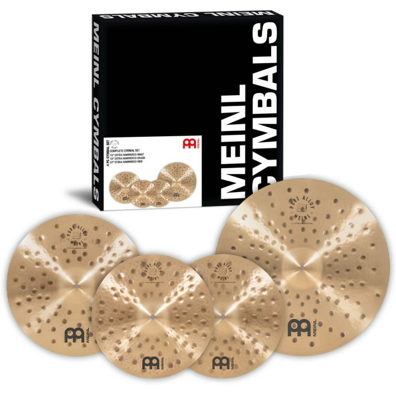 楽器種別：新品MEINL/Pure Alloy 商品一覧＞＞MEINL/新品 商品一覧＞＞ドラム【90，000円〜175，000円】 商品一覧＞＞シンバル/その他/MEINL 商品一覧＞＞安心してお買い物頂けるよう、スネアもシンバルも丁寧梱包でお届けします！MEINL PA-CS1 [Pure Alloy Extra Hammered Complete Set]商品説明＜Pure Alloy Extra Hammered Complete Set＞2024年の発売開始以降、澄んだ高域と太い芯、また豊かな倍音でPure Alloyシリーズの中でも人気となっているExtra Hammered Seriesのパックです。15''Hihats、22''Rideと、ワイドに鳴らすイメージのセットとなります。＜Pure Alloy Extra Hammered＞Pure Alloyシリーズは、ドイツメイドの高い技術と、洗練されたマイネルならではのルックス、精密で丁寧な物作りへのこだわりによって、優れたタッチと、心地よく澄んだピュアな倍音、幅広い音域をカバーする豊かな響きを実現しています。Extra Hammered Seriesは、このPure Alloyの特長に、より芯のある強さと深く複雑な倍音をもたらしています。＜セット内容＞・PA15EHH [Pure Alloy Extra Hammered Hihats 15'']・PA18EHC [Pure Alloy Extra Hammered Crash 18''] ・PA22EHR [Pure Alloy Extra Hammered Ride 22'']イケベカテゴリ_ドラム_シンバル_その他_MEINL_Pure Alloy_新品 SW_MEINL_新品 JAN:0842960112313 登録日:2025/03/08 シンバル マイネル