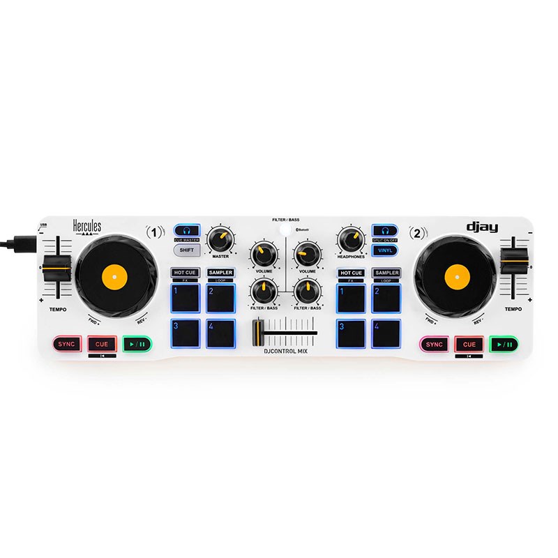 楽器種別：新品HERCULES/新品 商品一覧＞＞DJ機器【10，000円〜30，000円】 商品一覧＞＞DJコントローラー/HERCULES 商品一覧＞＞DJ機器買うなら、当店で！専門スタッフが迅速丁寧に対応します！HERCULES DJCONTROL MIX商品説明★DJCONTROL MIXGrab It and Mixスマートフォン対応ワイヤレスDJコントローラースマートフォン用に設計されたDJコントローラー「DJControl Mix」はバックパックに収まり、どこへでも持ち運び可能です。創造力を解放し、トレンドの高いビデオを楽しんだり、小さな集まりのハウスパーティーでポップアップDJになりましょう。DJControl Mixは外部バッテリーまたはUSB電源供給によって動作し、Bluetooth Low Energyを使用して無料のAlgoriddim djayアプリにワイヤレスで接続します。いつでもどこでも簡単にミキシングが可能です！さらに、無料でダウンロードできるロイヤリティフリーのトラック15曲を提供しています。これでミキシングを始める準備が整います。■スマートフォン対応Bluetooth MIDIを搭載し、スマートフォン（Android/iOS）とAlgoriddim djayにワイヤレスで接続可能。■ストリーミング音楽ストリーミングサービスを使用してミキシングできます。DJControl Mixは、スマートフォンやタブレットに保存されている音楽トラックをミキシングすることができるほか、SoundCloudやTIDALなどの音楽ストリーミングサービスを使用することもできます。■マッシュアップエフェクト、ホットキュー、サンプルを使用してミックスをカスタマイズし、マッシュアップを制作しましょう。ボリュームやフィルター/ベースノブ、クロスフェーダーなどを使用して、簡単に素晴らしいトランジションを作成できます。■スマホスタンド付属折りたたみ可能で滑り止め加工のスマートフォンスタンドが付属しています。■ミキサー・コントロール・クロスフェーダー・マスターボリューム・ノブ・ヘッドホンボリューム・ノブ・ベース/フィルターEQノブ × 1（各デッキ）・ボリューム・ノブ × 1（各デッキ）■デッキ・コントロール・タッチセンス・ジョグ・ホイール × 2（スクラッチ用）・4パッド × 4モード（ホットキュー、ループ、FX、サンプラー）■スピーカー出力の方法・スマートフォン/タブレット内蔵スピーカー・スマートフォン/タブレットとBluetoothRスピーカー・スマートフォン/タブレットのヘッドホン端子に接続した有線スピーカー・DJスプリッターケーブル（付属）をスマートフォン/タブレットのヘッドホン端子に接続：・マスター出力に有線スピーカー・モニタリング出力にヘッドホン■ソフトウェア・djay■同梱品・Hercules DJControl Mix本体・USB ケーブル・スピーカー/ヘッドホン・スプリットケーブル・スマートフォン/タブレッド用折りたたみスタンド・取扱説明書・保証書■一般・サイズ：34 x 10 x 4.9 cm・質量：約0.5 kgイケベカテゴリ_DJ機器_DJコントローラー_HERCULES_新品 SW_HERCULES_新品 JAN:3362934746216 登録日:2023/11/15 ハーキュリーズ ヘラクレス hercules