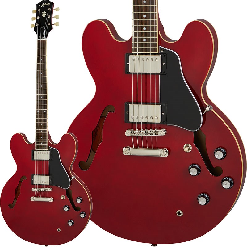 楽器種別：新品Epiphone/アーチトップ 商品一覧＞＞Epiphone/新品 商品一覧＞＞エレキギター【45，000円〜90，000円】 商品一覧＞＞セミアコ/Epiphone 商品一覧＞＞当店のギターは、出荷前に専門スタッフが検品・調整しているので安心です！Epiphone ES-335 (Cherry)商品説明Epiphone Inspired By Gibson CollectionEpiphone（エピフォン）は、2020年製品ラインナップを大幅リニューアル！エピフォン・インスパイアードバイ・ギブソンは2つのカテゴリーで展開されます（オリジナル/モダンコレクション）。コチラのエピフォン・オリジナル・コレクションは、誕生以来エピフォンのアイコンとしてプレイヤーやミュージックシーンを支えてきたクラシックなアコースティックとエレクトリックの新しいギター・ラインナップです。カラマズーヘッド・ストックと呼ばれる新しいヘッドシェイプを採用。クラシックなルックスながらも、長年エピフォンブランドで培ったエレクトロニックスやその他技術などを採用しています。1958年の初登場以来、60年以上にわたって世界中のギタープレーヤーを驚かせてきた歴史的なモデル「ES-335」がエピフォンよりリニューアルして登場！ES-335は、レイヤードメイプルのボディにソリッドメイプルトーンブロックを組み合わせて作られたセミホロウモデルです。セミホロウボディ特有のサスティーンや温かみのあるサウンド、共鳴感はもはや説明不要のアイデンティティです。ピックアップに採用されたAlnicoClassicPROハムバッカーは幅広いビンテージサウンドを出力します。プレイアビリティの高い丸みの帯びたCシェイプネックは本来のGibsonサウンドを再現する力強い手助けとなるでしょう。ヘッドストックには60年代スタイルのカラマズー形状がセレクトされております。※画像はサンプルとなります。製品の特性上、杢目・色合いは1本1本異なります。商品詳細BodyBody Shape:ES-335Body Material:Layered MapleTop:Layered MapleBack:Layered MapleSide:Layered MapleCenterblock:MapleBinding:Single ply cream - top， back and fretboardNeckMaterial:MahoganyProfile:Rounded CScale Length:24.724Fingerboard Material:Indian LaurelFingerboard Radius:12Number Of Frets:22Frets:Medium JumboNut Material:Graph Tech NuBoneNut Width:1.693End of Board Width:2.239Inlays:DotJoint:Glued in; Set NeckHardwareFinish:NickelTuner Plating:NickelBridge:LockTone Tune-O-MaticTailpiece:LockTone Stop BarTuning Machines:Epiphone DeluxePickguard:Gibson ES-335 Shape， Black， 5-plyTrussRod:Dual ActionTruss Rod Cover:2-ply BellControl Knobs:Black Top Hat knobs with metal insertsSwitch Tip:Cream capPlastic Parts:Black; PVCStrap Buttons:2 - bottom and back of heelMounting Rings:Black; PVCElectronicsNeck Pickup:Alnico Classic PROBridge Pickup:Alnico Classic PROControls:2 Volume， 2 Tone， CTS potentiometersPickup Selector:3-way toggleOutput Jack:Standard EpiphoneMiscellaneousStrings:.010， .013， .017， .026， .036， .046ソフトケース付きイケベカテゴリ_エレキギター_セミアコ_Epiphone_アーチトップ_新品 SW_Epiphone_新品 JAN:4580568418098 登録日:2020/11/16 エレキギター エピフォン セミアコ フルアコ