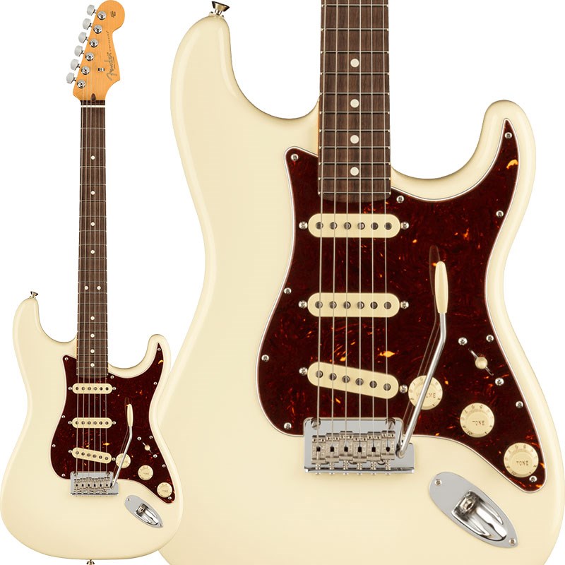 楽器種別：新品エレキギター/Fender USA 商品一覧＞＞エレキギター/Fender USA/American Professional II 商品一覧＞＞エレキギター【165，000円〜310，000円】 商品一覧＞＞当店のギターは、出荷前に専門スタッフが検品・調整しているので安心です！Fender USA American Professional II Stratocaster (Olympic White/Rosewood)商品説明American Professional II Stratocasterは、60年以上に渡る革新、インスピレーション、進化を経て、現代のプレイヤーの要求に応えます。高い人気を誇るDeep Cシェイプネックは、丁寧にエッジがロールオフされ、至高の演奏体験を約束するSuper-Naturalサテン仕上げが施されています。また新たに設計されたネックヒールを採用し、快適なフィーリングとハイポジションへの容易なアクセスを実現しました。新しいV-Mod II Stratocaster Single-Coilピックアップは、ベルのような輝きとウォームさを両立し、これまで以上に繊細で魅力的なサウンドを実現しています。コールドロールド（冷間圧延成型式）スチールブロックを採用した2点支持トレモロは、サスティン、明瞭度、ハイエンドの煌びやかさを向上させています。American Professional II Stratocasterの手に馴染む感覚とサウンドの多様性は、手に取り、耳にした瞬間、すぐにお分かりいただけることでしょう。プロの楽器の新たなスタンダードとなるような幅広い改良が、American Professional IIシリーズには詰め込まれています。Series: American Professional II Body Material: Alder， Roasted Pine (Sienna Sunburst， Roasted Pine)Body Finish : Gloss UrethaneNeck : Maple， Deep CNeck Finish : Super-Natural Satin Urethane Finish on Back of Neck with Gloss Urethane Headstock FaceFingerboard: Rosewood， Maple - 9.5 (241 mm) RadiusFrets: 22， Narrow TallPosition Inlays: White Dot (Rosewood)， Black Dot (Maple)Nut (Material/ Width ) : Bone， 1.685 (42.8mm)TuningMachines: Fender Standard Cast/Sealed StaggeredScale Length : 25.5 (648 mm)Bridge: 2-Point Synchronized Tremolo with Bent Steel Saddles，Pop-In Tremolo Arm and Cold-Rolled Steel BlockPickguard: 4-Ply Tortoiseshell (3-Color Sunburst， Olympic White)， 3-Ply Aged White (Sienna Sunburst)， 3-Ply Black (Roasted Pine， Mercury， Dark Night)， 3-Ply Mint (Miami Blue， Mystic Surf Green， Black)Pickups: V-Mod II Single-Coil Strat (Bridge， Middle， Neck)Pickup Switching :　5-Position BladePosition 1. Bridge PickupPosition 2. Bridge and　Middle PickupPosition 3. Middle PickupPosition 4. Middle and　Neck PickupPosition 5. Neck PickupControls: Master Volume， Tone 1. (Neck/Middle Pickups)，Tone 2. (Bridge Pickup)Auxilliary Switching : Push-Push Tone Control Adds Neck PickupControl Knobs: Aged White Plastic， Black Plastic (Dark Night)Hardware Finish : Nickel/ChromeStrings Fender USA 250L Nickel Plated Steel (.009-.042 Gauges)ハードケース付属イケベカテゴリ_ギター_エレキギター_Fender USA_American Professional II_新品 JAN:0885978577576 登録日:2020/10/05 エレキギター フェンダー ふぇんだー フェンダーUSA アメリカンプロフェッショナル アメプロ