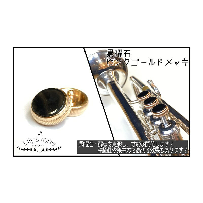 楽器種別：新品トランペット用パーツ/Lily's tone 商品一覧＞＞トランペット用パーツ【15，000円〜40，000円】 商品一覧＞＞サックス買うなら、当店で！専門のスタッフが丁寧に検品・調整しているので安心です！Lily's tone バック用トランペットピストンボタン 黒曜石 ピンクゴールド仕上げ 3個(1セット)商品説明Lily's tone (リリーズトーン) トランペットピストンボタン　3個 (1セット)■黒曜石　ピンクゴールド仕上げ・天然石について天然石由来の傷やヒビ、歪な箇所が一部入っている場合がございます。また、製作の工程上、大きさに誤差があり、天然のため色、模様は一つ一つ異なります。予めご了承ください。※個体差により、ご利用頂けないモデルもございます。また、商品画像はイメージとなります。ピストンボタンのみの販売となります。※「180シリーズ」や「Vincent」へご利用頂けます。また、「TRシリーズ」へのご利用は難しくなっております。※ラインナップにより商品ご到着まで1〜2ヶ月程度お待ちいただく場合がございます。 在庫状況など、詳しくはお問い合わせください。イケベカテゴリ_トランペット_トランペット用パーツ_Lily's tone_新品 JAN:4582220539653 登録日:2021/04/24 リリーズトーン トランペット パーツ