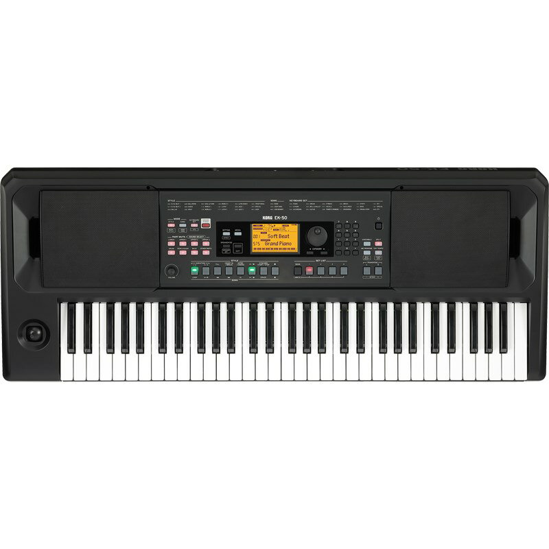 楽器種別：新品シンセサイザー/KORG 商品一覧＞＞シンセサイザー【20，000円〜45，000円】 商品一覧＞＞鍵盤楽器買うなら、当店で！専門スタッフが迅速丁寧に対応します！KORG 【デジタル楽器特価祭り】EK-50 ENTERTAINER KEYBOARD(台数限定超特価)商品説明弾ける、を叶えるキーボード。自分の好きな曲を弾きたい。思いついたメロディをオリジナル曲にしたい。そんな諦めかけていた夢の実現を、コルグがお手伝いします。鍵盤の前のあなたをスタイル（自動伴奏）がしっかりサポート。最初はうまく弾けなくても、リッチな伴奏にパッとひらめいたフレーズを重ねてみれば、少しずつ楽しくなってきます。そして演奏が上達したら、さらに高度な機能を使いこなして、自分が思い描いた曲のアイデアを形にできるようになるでしょう。レベルに応じた楽しみ方で、楽器と一緒に成長できるエンターテイナー・キーボード。コルグEK-50。スタイルがあなたの演奏をサポートいろいろな音で弾ける多彩な機能をわかりやすくレイアウトスピーカー内蔵、譜面立て／ACアダプター付属ですぐに楽しめる便利なミュージック・スタイルお気に入りの曲を本体で再生しながら演奏スタイルの追加も可能スタイルがあなたの演奏をサポートピアノの前に座っても、得意なレパートリーがないとなかなか楽しめないものですが、EK-50にはスタイルという自動伴奏機能を搭載しており、左手の指1本、あるいは和音を押さえるだけでリッチな伴奏が自動で鳴ります。この伴奏は弾く鍵盤の位置／コードに合わせて変化するので、一緒に右手でメロディを弾くだけで、簡単な即興演奏も可能です。スタイルは世界中の音楽ジャンルに応じた280種類以上を搭載し、それぞれに伴奏がシンプルなものから複雑なものまで4つのバリエーション、曲の始めと終わりには楽しいイントロ／エンディングなども用意されており、リズムに合わせてこれらのボタンを切り替えることで、演奏にさまざまな変化を与えることができます。またスタイルを変えると、そのスタイルに連動しオススメ音色を自動選択する「STS」（Single Touch Select）機能も装備。スタイルにマッチした音で弾くことで、曲作りや演奏のインスピレーションが格段に広がります。いろいろな音で弾けるEK-50にはピアノだけでなく、バイオリン、サックス、ドラムなど、リアルなサウンドを702種類以上も内蔵しており、ソロ演奏からバンドのバッキング・キーボードとして、好みに応じた音を選んで弾くことができます。また上級者向けに鍵盤の音域を2つにわけて右手がピアノ、左手がベースなど別々の音色を選んで演奏できるスプリット機能も搭載しており、音の組み合わせによっても楽しむことができます。多彩な機能をわかりやすくレイアウト操作パネルの真ん中には現在選んでいる音色名、スタイル名を大きく表示した見やすいディスプレイを配置。主なスイッチはLED自照式になっており、機能ごとのセッティングをスイッチの点灯によって確認できます。さらにどの音を選んでいても、いつでもグランド・ピアノの音を選ぶことができる「グランド・ピアノ・ボタン」も装備しています。スピーカー内蔵、譜面立て／ACアダプター付属ですぐに楽しめる本体に10W x 10Wの大迫力ステレオ・スピーカーを搭載。本体からの音だけでなく、外部機器を入力端子とつないで本体内蔵スピーカーで鳴らすことも可能です。さらに譜面立てやACアダプターも付属しているので、買ってからすぐに楽しむことができます。また単3乾電池（別売）による駆動にも対応しており、演奏する場所を選びません。便利なミュージック・スタイルEK-50には一部のスタイルをもとに、どこかで聞いたことのあるあの曲の雰囲気に合った音色やテンポに予め設定したものを「ミュージック・スタイル」として64個搭載しています。選んで弾くだけで即興演奏やオリジナル曲のアイデア作りに非常に役立ちます。お気に入りの曲を本体で再生しながら演奏上手に弾けるようになったら、自分の演奏を本体に記録し曲として保存することができます。ソング・モードではこの自分で作った曲のほか、内蔵のデモ・ソング、あるいは市販のUSBメモリーに入れたMP3、WAVなどの音声データ、SMF（スタンダードMIDIファイル）を本体で再生することが可能で、この曲に合わせて演奏することもできます。スタイルの追加も可能本体だけで完結することなく、USBメモリー経由で、スタイルの追加が最大96個まで可能。今後コルグのWebサイトに新しいデータを追加し、お知らせしていく予定です。鍵盤61鍵タッチ・コントロール：ソフト（軽め）、ミディアム（標準）、ハード（重め）、フィックス（固定）音源ステレオPCM音源最大同時発音数64ボイスサウンド702以上のサウンド、41のドラム・キット（GM互換のサウンド・セット含む）キーボード・セット170以上エフェクト伴奏パート2ステレオ・デジタル・マルチ・エフェクト鍵盤パート2ステレオ・デジタル・マルチ・エフェクト34タイプ（148バリエーション） スタイル280プリセット以上2イントロ、4バリエーション、2フィル、1カウント・イン／ブレイク、 2エンディング、シンクロ・スタート／ストップ、タップ・テンポミュージック・スタイル64デモソング18曲オーディオ・プレーヤーMP3、WAV（44.1kHz、16bit）シーケンサー録音リアルタイム録音（スタイル・モード）、 最大999曲(約100，000音符）、12トラック（4鍵盤パート+ 8自動伴奏パート）、オリジナル・フォーマット（SMF0変換出力機能あり）再生ソング・プレイ（再生しながら鍵盤演奏）に対応、SMF（スタンダードMIDIファイル）フォーマット0または1スケール11タイプ（ユーザー含む）コントロール電源ボタン、ボリューム・ツマミ、ジョイスティック、スタイル／[ミュージック・スタイル] ボタン、ソング／[デモ・ソング] ボタン、キーボード・セット／[STS] ボタン、グランド・ピアノ・ボタン、パート・ミュート／[サウンド・セレクト] セクションの各ボタン、セッティング／[エフェクト] ボタン、メディア・ボタン、スピーカーEQ／[スピーカー・オフ] ボタン、シフト・ボタン、アンサンブル・ボタン、スプリット・ボタン、メトロノーム／[ビート・セレクト] ボタン、タップ・テンポ／[テンポ・ロック] ボタン、トランスポーズ♭、♯／[オクターブ-、+] ボタン、ダイヤル、カテゴリー・ボタン、数値ボタン、+ボタン、-ボタン、スタイル／ソング・セクションの各ボタン、セット・リスト・セクションの各ボタンセット・リスト10バンクx 4メトロノームテンポ、拍子、音量テンポ30~240トランスポーズC（-12）~ C（0）~ C（+12）チューニング427.5 ~ 452.9 Hz入出力端子フット・コントローラー端子6.3mmフォーン・ジャック※ハーフ・ダンパー非対応オーディオ・イン端子3.5mmステレオ・ミニフォーン・ジャックアウトプットL／MONO、R端子6.3mmフォーン・ジャック（不平衡）ヘッドホン端子3.5mmステレオ・ミニフォーン・ジャックUSB A端子TO DEVICE端子：USBメモリー接続用USB B端子TO HOST端子：コンピューター接続用スピーカー・システムアンプ10W x 2スピーカー120mmダブル・コーン・スピーカー x 2（バスレフ・ボックス方式）スピーカー EQ8タイプMIDIUSB MIDIディスプレイバックライト式カスタムLCD電源ACアダプター（付属）単3形電池（アルカリ乾電池またはニッケル水素電池） x 8（別売）電池寿命アルカリ乾電池使用時：約7時間消費電力8W（待機電力0.1W）外形寸法（幅 x 奥行き x 高さ）994 x 392 x 132 mm（譜面立てを含まず）譜面立てを含めた高さ：329mm質量7.5kg（譜面立て、電池含まず）付属品クイック・スタート・ガイド、ACアダプター、譜面立て別売アクセサリーXVP-10 ボリューム／エクスプレッション・ペダル、EXP-2 フット・コントローラー、DS-1H ダンパー・ペダル、PS-1 ペダル・スイッチ、PS-3 ペダル・スイッチ、SC-EK/Pa ソフト・ケース* すべての製品名または規格名は関係各社の商標または登録商標です。* 製品の外観および仕様は改良のため予告なく変更する場合があります。* 製品の色調は実際の色と多少異なる場合があります。イケベカテゴリ_キーボード_シンセサイザー_KORG_新品 JAN:4959112183117 登録日:2023/12/31 シンセサイザー シンセ Synth コルグ