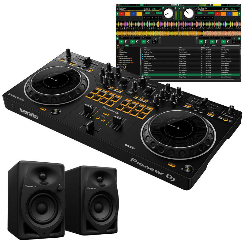 楽器種別：新品Pioneer DJ/新品 商品一覧＞＞DJ機器【35，000円〜75，000円】 商品一覧＞＞DJコントローラー/Pioneer DJ 商品一覧＞＞DJ関連機器担当部門 Power DJ'sは1998年開店　渋谷発・国内最大級のDJ機材専門フロアです。Pioneer DJ DDJ-REV1 + DM-40D スピーカーセット 【無償ダウンロード版Serato DJ Lite対応】商品説明★Serato DJ Lite対応のスクラッチスタイル2chDJコントローラーの入門モデルとPioneer DJ製のアンプ内蔵スピーカーを組み合わせたセット！★---【セット内容】・コントローラー Pioneer DJ DDJ-REV1・スピーカー Pioneer DJ DM-40D（DDJ-REV1と接続用のセーブルを同梱）●DJコントローラーDDJ-REV1はプロフェッショナル仕様のレイアウトで、バトルDJのような本格的なスクラッチやクイックミックスを楽しむことができます。TEMPO SLIDERは縦置きしたターンテーブルと同じようにデッキ上部に水平に配置、ミキサー部にはPERFORMANCE PADSとLEVER FXを搭載しています。■DDJ-REV1主な特徴・スクラッチとクイックミックスに最適なレイアウトDJコントローラーとしては初めて、TEMPO SLIDERがデッキ上部に水平に配置されました。またPERFORMANCE PADSとLEVER FXがミキサー部に搭載され、エフェクトやSAMPLER、スクラッチやクイックミックスの操作が容易になりました。・LEVER FXの搭載ミキサーセクションにLEVER FXが搭載され、レバーのオン/オフ操作だけで直感的かつダイナミックにSerato DJ Liteのエフェクトを加えることができます。・本格的なスクラッチ演奏を手助けする、TRACKING SCRATCH機能TRACKING SCRATCH機能を使用することで、スクラッチの経験があまりなくても、手軽に本格的なスクラッチを楽しむことができます。スクラッチの頭出しの位置にHOT CUEを設定することで、ジョグの折り返し動作時やジョグから手を離した瞬間に自動的にスクラッチの頭出しの位置に楽曲が戻るため、頭出しの位置の心配をすることなくスクラッチが楽しめます。・主な仕様対応ソフトウエア：Serato DJ Lite、Serato DJ Pro（有償）システム要件：Serato DJ Lite、Serato DJ Proの最新の動作環境はメーカーサイトにてご確認の上、お求め下さい。入力端子：1 MIC (1/4 inch TS Jack)出力端子：1 MASTER (RCA)、1 PHONES (3.5-mm stereo mini jack)電源：USB Type-B bus poweredUSB：1 USB B端子本体サイズ：幅526mm、高さ59.2mm、奥行き255.5mm本体質量：2.1 kg付属品：USBケーブル（A-Bタイプ）、クイックスタートガイド●スピーカーこちらのDJセットにはPioneer DJ製のアンプ内蔵スピーカーDM-40Dが付属。ご自宅でのDJ練習に適した音量と音質で音楽を楽しめます。ケーブルを同梱しておりますので、すぐにDDJ-REV1との接続も可能です。■DM-40D主な特徴4インチウーファーにより、音量を上げても音がひずむことなく迫力のある音像を再現。音の歪みを抑え、より力強い音とバランスのとれた音を実現するクラスDアンプと高処理レートの96kHzサンプリングDSPを搭載しました。ボリュームノブも前面に搭載されているため、後ろに手を伸ばす手間を省き、容易に音量の調整が行えます。◎主な機能・形式：2wayバスレフ型アクティブモニタースピーカー・トゥイーター：3/4インチ（19 mm）ソフトドーム・ウーファー：4インチグラスファイバーウーファー・付属品：電源コード、オーディオ変換ケーブル ( 3.5 mm ステレオミニプラグ ー RCA )、スピーカーコード、ボトムクッション、クイックスタートガイド◎主な仕様・最大外形寸法 (W x H x D)：Lch: 146 x 227 x 223 mm / 5.75 x 8.94 x 8.78Rch: 146 x 227 x 212 mm / 5.75 x 8.94 x 8.35・本体質量：Lch: 2.5 kg / 5.5 lbs.Rch: 2.2 kg / 4.9 lbs.・アンプ出力(ダイナミックパワー)：Lch: 19 W / 4 ΩRch: 19 W / 4 Ω---・DJの練習にはやはりスピーカーは欠かせません。初心者の方がDJをスタートさせるのに適したSerato対応のDJスタートセットとなっています。とりあえずPC内の音楽を活用してDJを始める方におすすめのセットです！※DJソフトウェアの最新動作環境はメーカーサイトもしくはメーカーサポートにてご確認の上、お求め下さい。※DJソフトウェアをご使用いただくにはインストーラのダウンロード時、およびオーサライズ時におきましてインターネット接続環境が必要です。DJソフトウェアおよびコントローラー本体の仕様・動作環境、および価格は、予告無く変更となる場合があります。※店頭、または通信販売にて売却後、敏速な削除は心掛けておりますが、web上から削除をする際どうしてもタイムラグが発生してしまいます。万が一商品が売切れてしまう場合もございますので予めご了承ください。イケベカテゴリ_DJ機器_DJコントローラー_Pioneer DJ_新品 SW_Pioneer DJ_新品 JAN:4573201242440 登録日:2023/02/17 DJセット PCDJ パイオニア パイオニアDJ